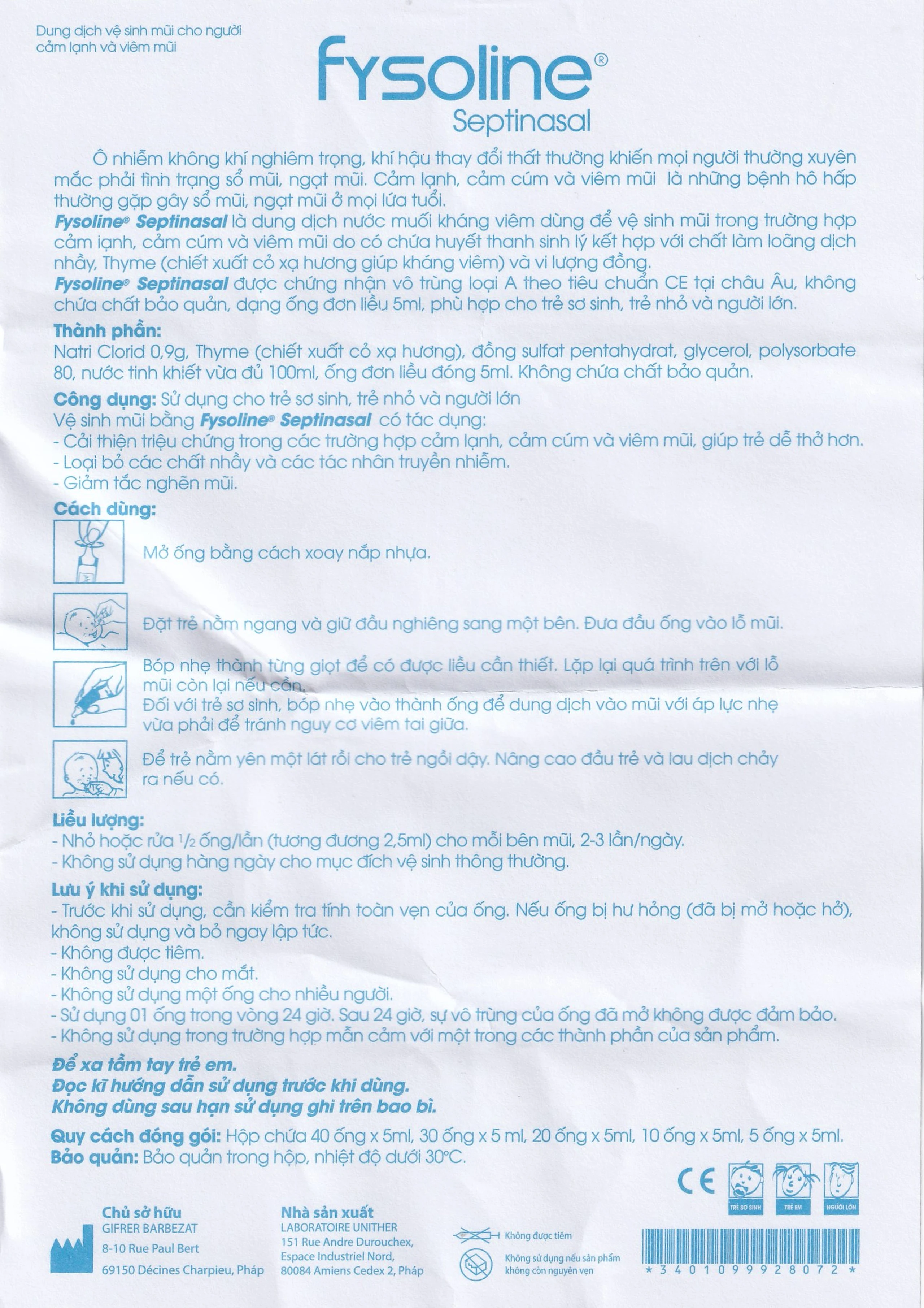 Nước muối sinh lý Fysoline Septinasal (20 ống x 5ml) giúp giảm sổ mũi, viêm mũi, nghẹt mũi, dùng được cho trẻ sơ sinh