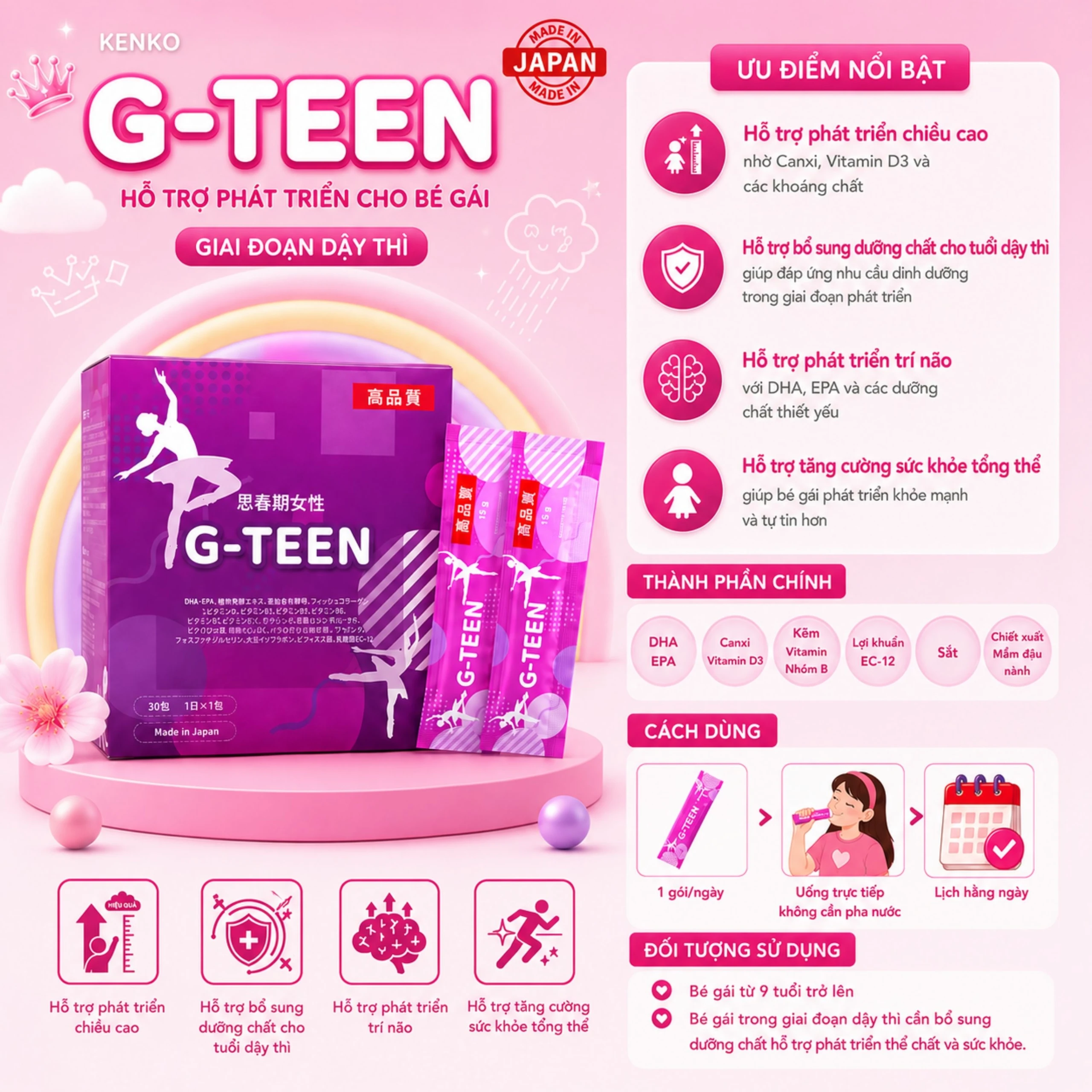 Siro bổ sung vitamin và khoáng chất cho bé gái trong giai đoạn tăng trưởng G-TEEN Kenko (30 gói x 15g) 3