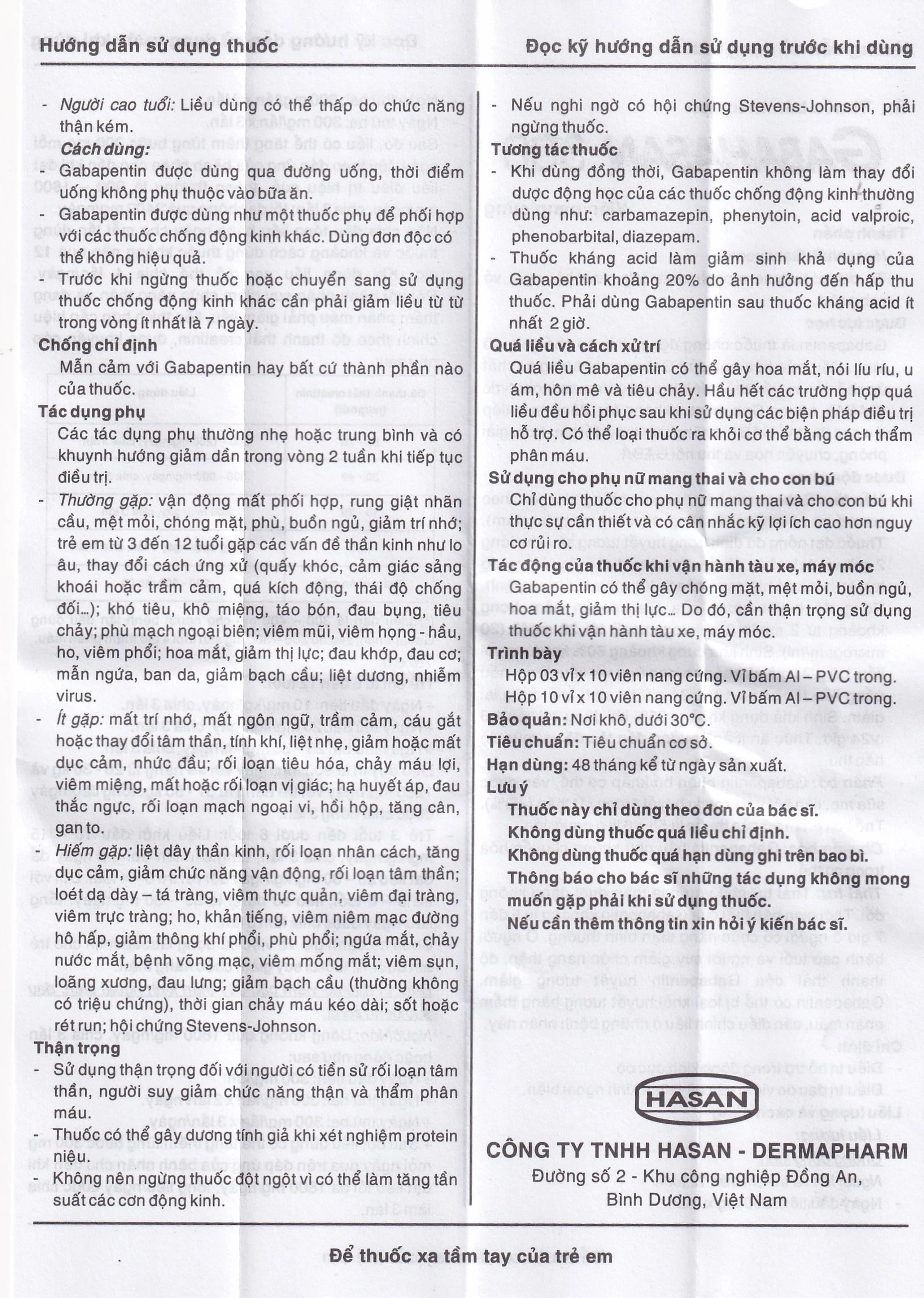 Thuốc Gabahasan 300 Hasan điều trị hỗ trợ trong động kinh cục bộ, đau viêm dây thần kinh ngoại biên (3 vỉ x 10 viên)