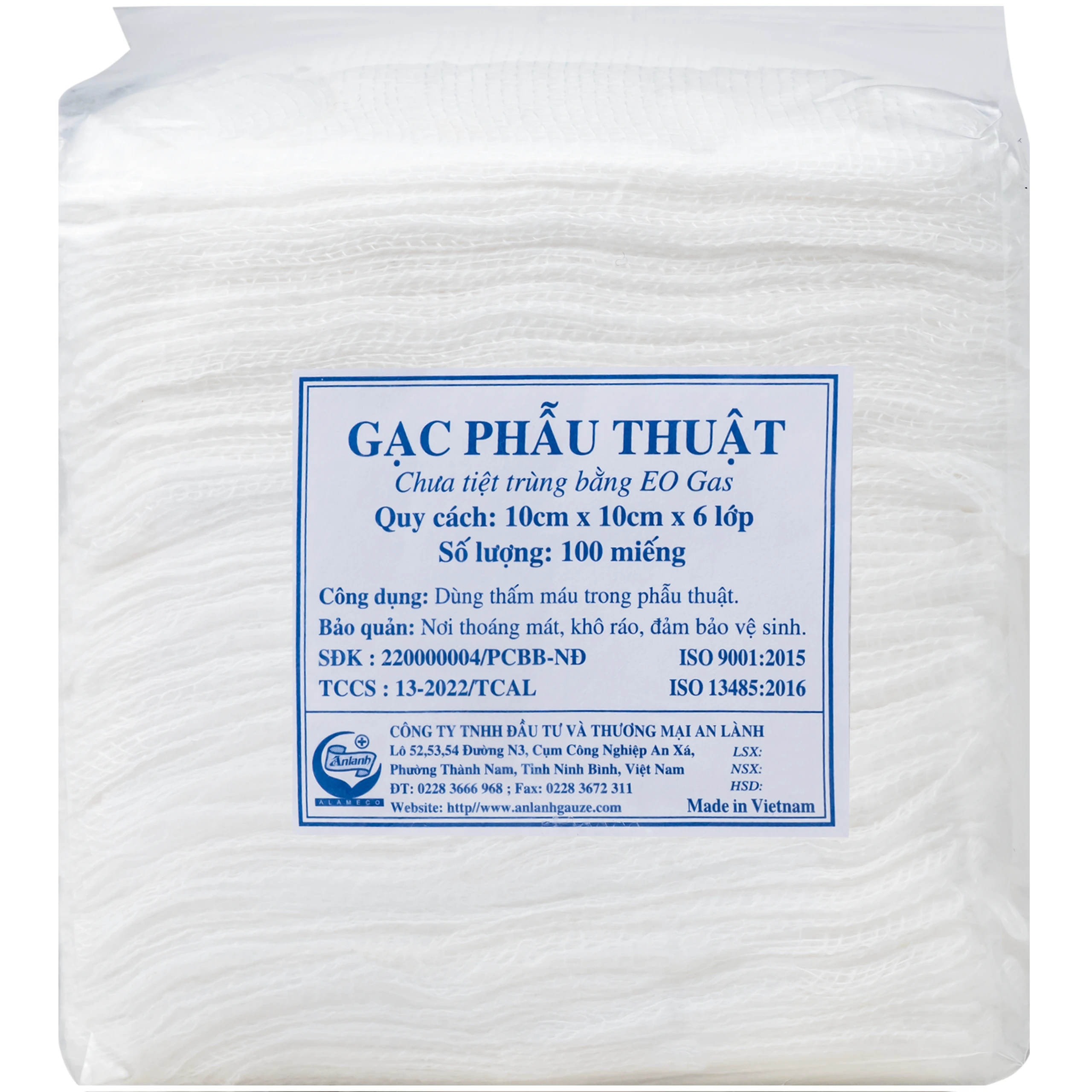 Gạc phẫu thuật An Lành 10x10cm x 6 lớp (100 miếng) dùng thấm máu trong phẫu thuật 1