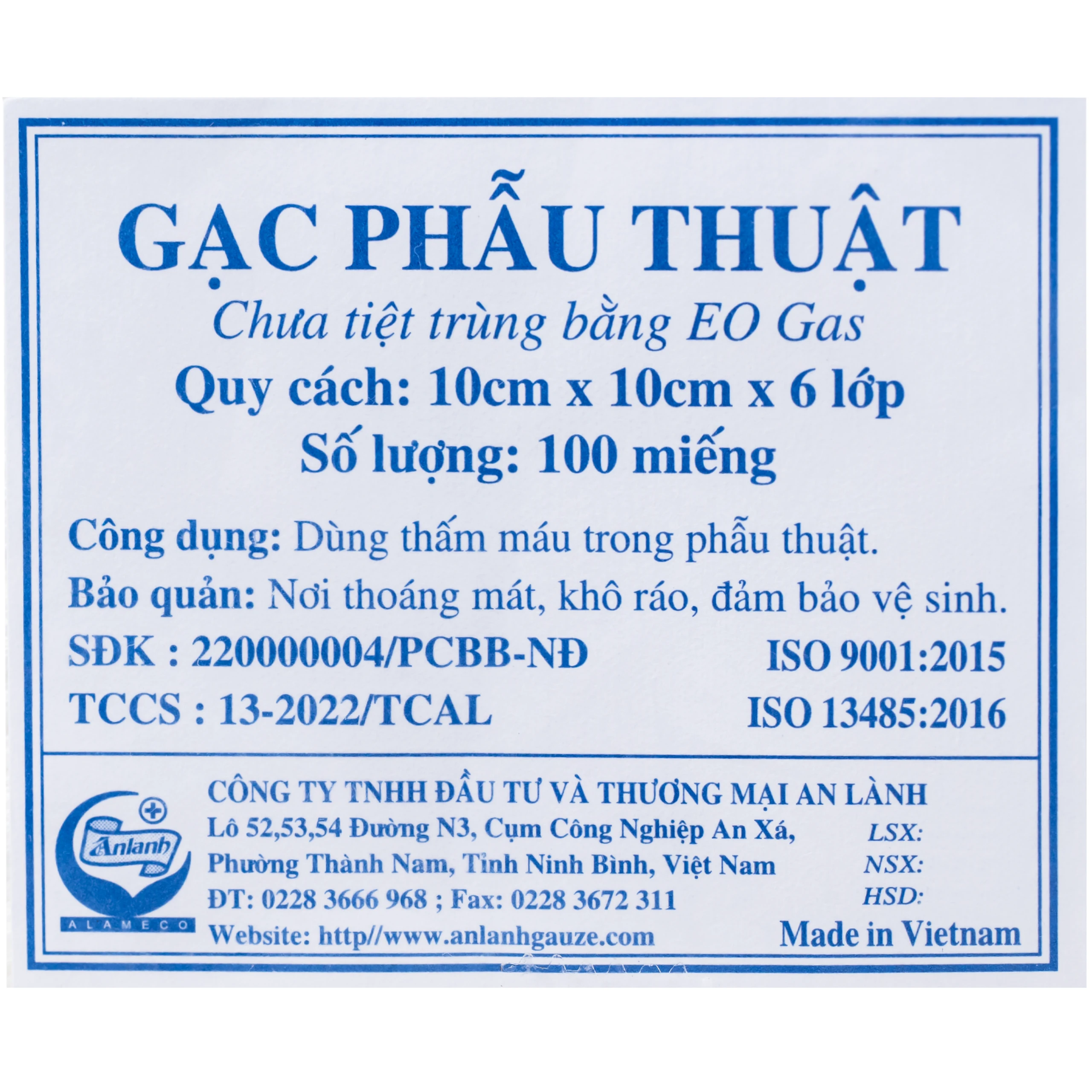Gạc phẫu thuật An Lành 10x10cm x 6 lớp (100 miếng) dùng thấm máu trong phẫu thuật 10
