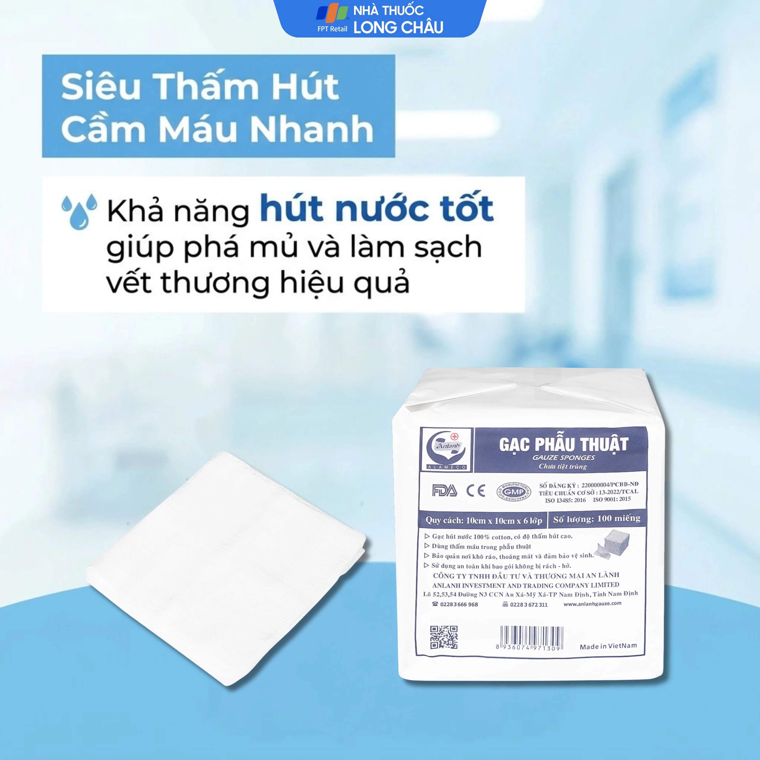Gạc phẫu thuật An Lành 10x10cm x 6 lớp (100 miếng) dùng thấm máu trong phẫu thuật 5