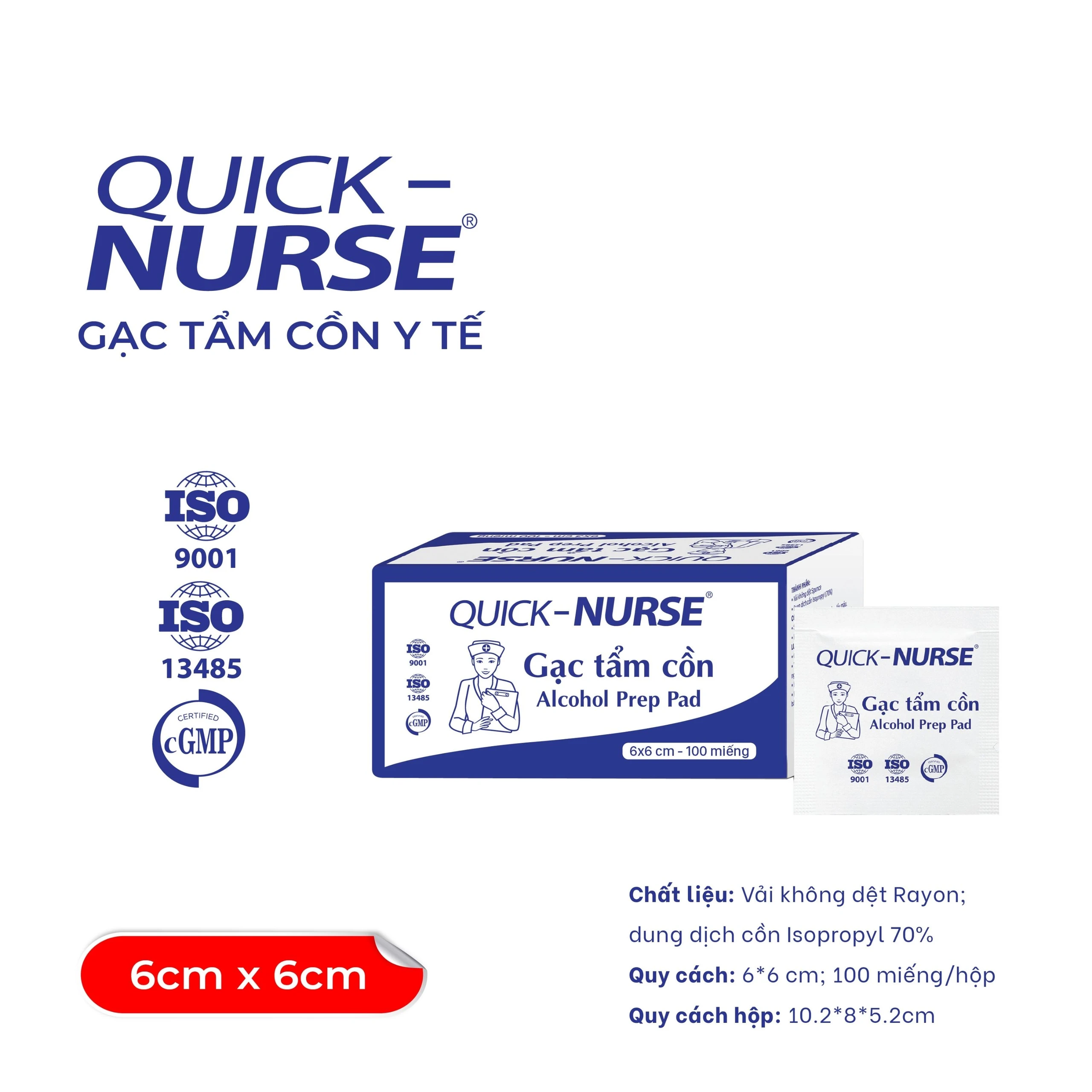 Gạc tẩm cồn 6x6cm Quick Nurse (100 miếng) làm sạch da, ngăn ngừa vi khuẩn