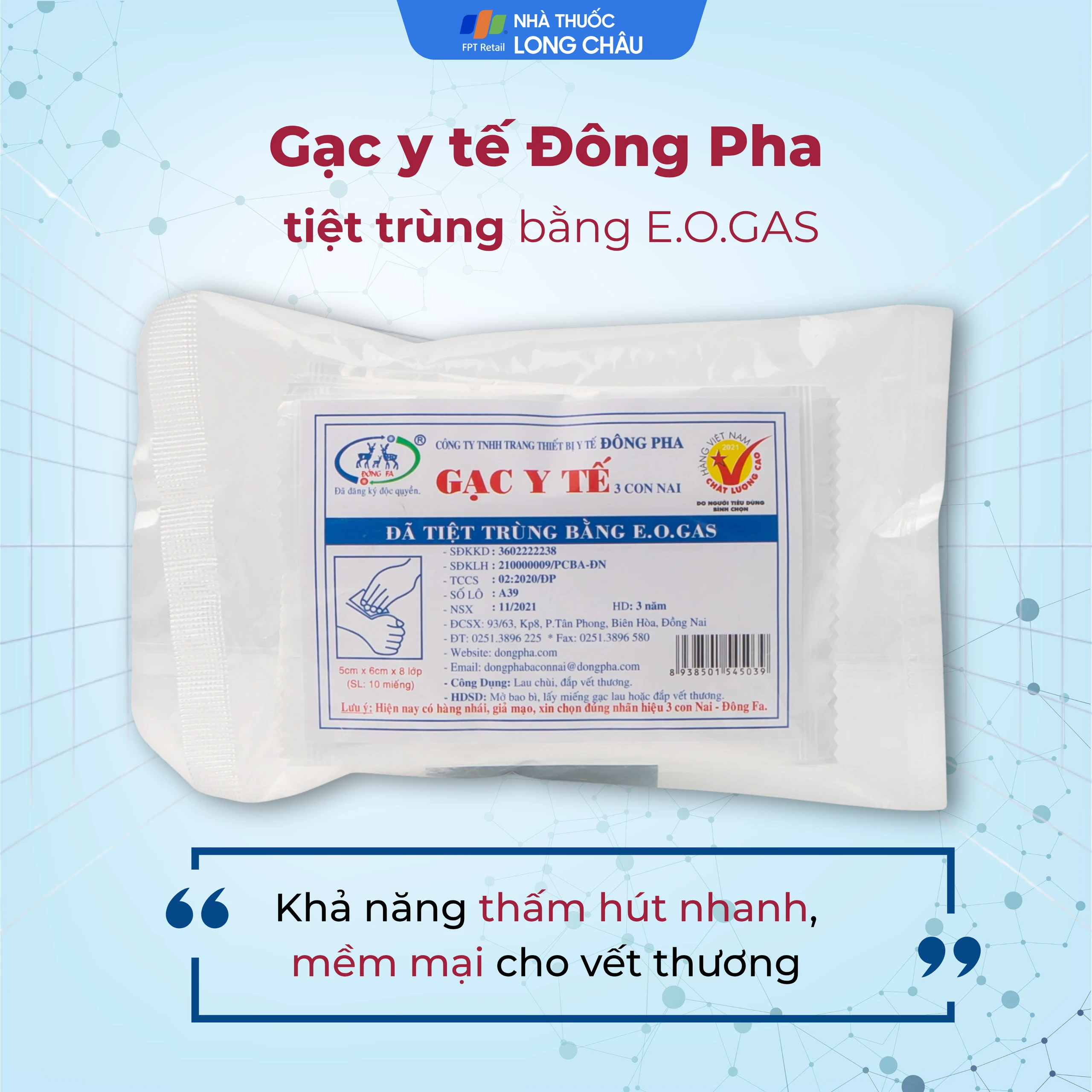 Gạc tiệt trùng Đông Pha nhỏ 5x6x8cm (10 miếng) sơ cứu vết thương, thấm máu và dịch tiết