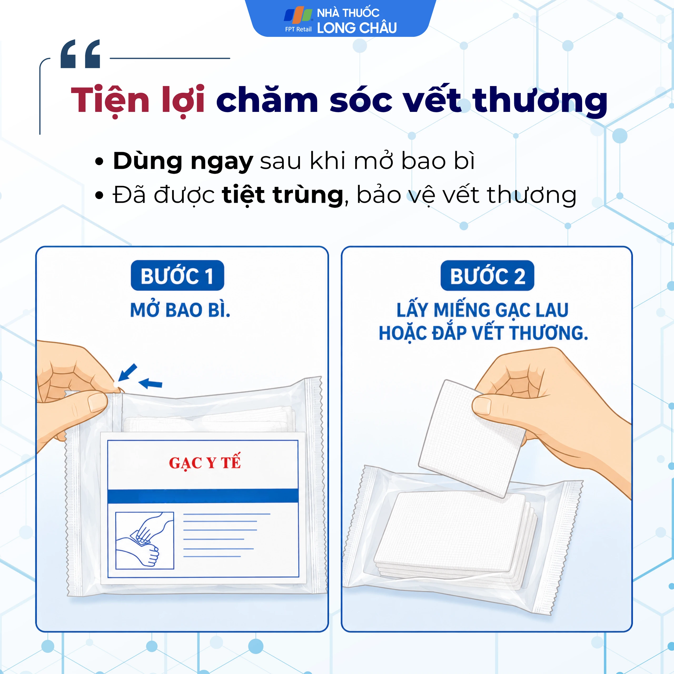 Gạc tiệt trùng Đông Pha nhỏ 5x6x8cm (10 miếng) sơ cứu vết thương, thấm máu và dịch tiết