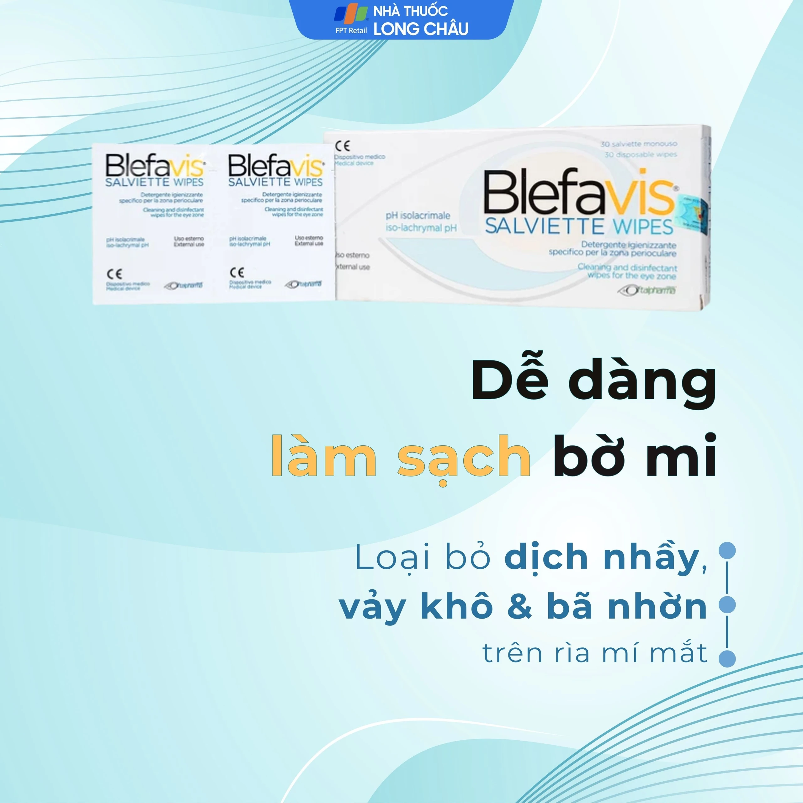 Gạc lau mi mắt Blefavis Wipes (30 miếng) làm sạch mí mắt nhạy cảm, viêm bờ mi, sát khuẩn trước & sau phẩu thuật