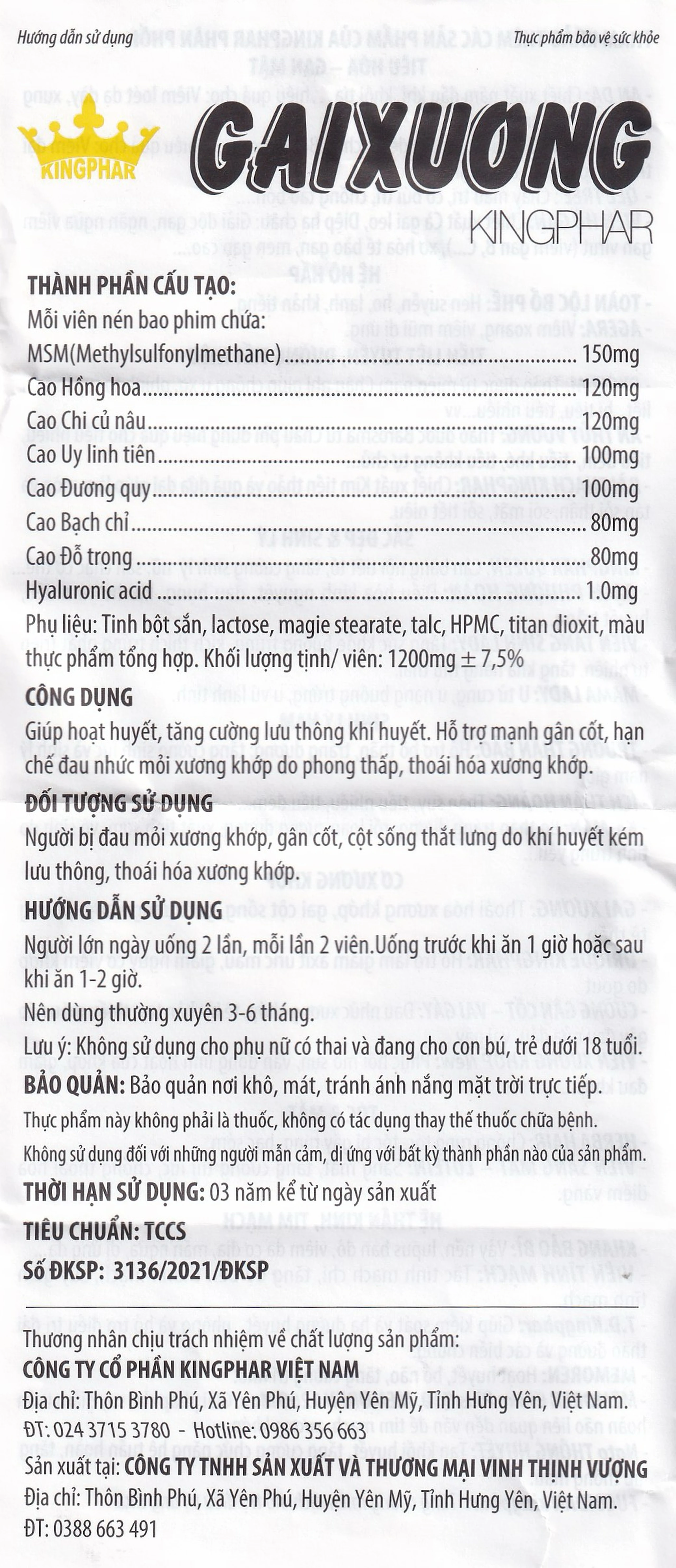 Viên uống giúp hoạt huyết, hỗ trợ gân cốt, hạn chế thoái hóa xương khớp Gai Xương Kingphar (60 viên)