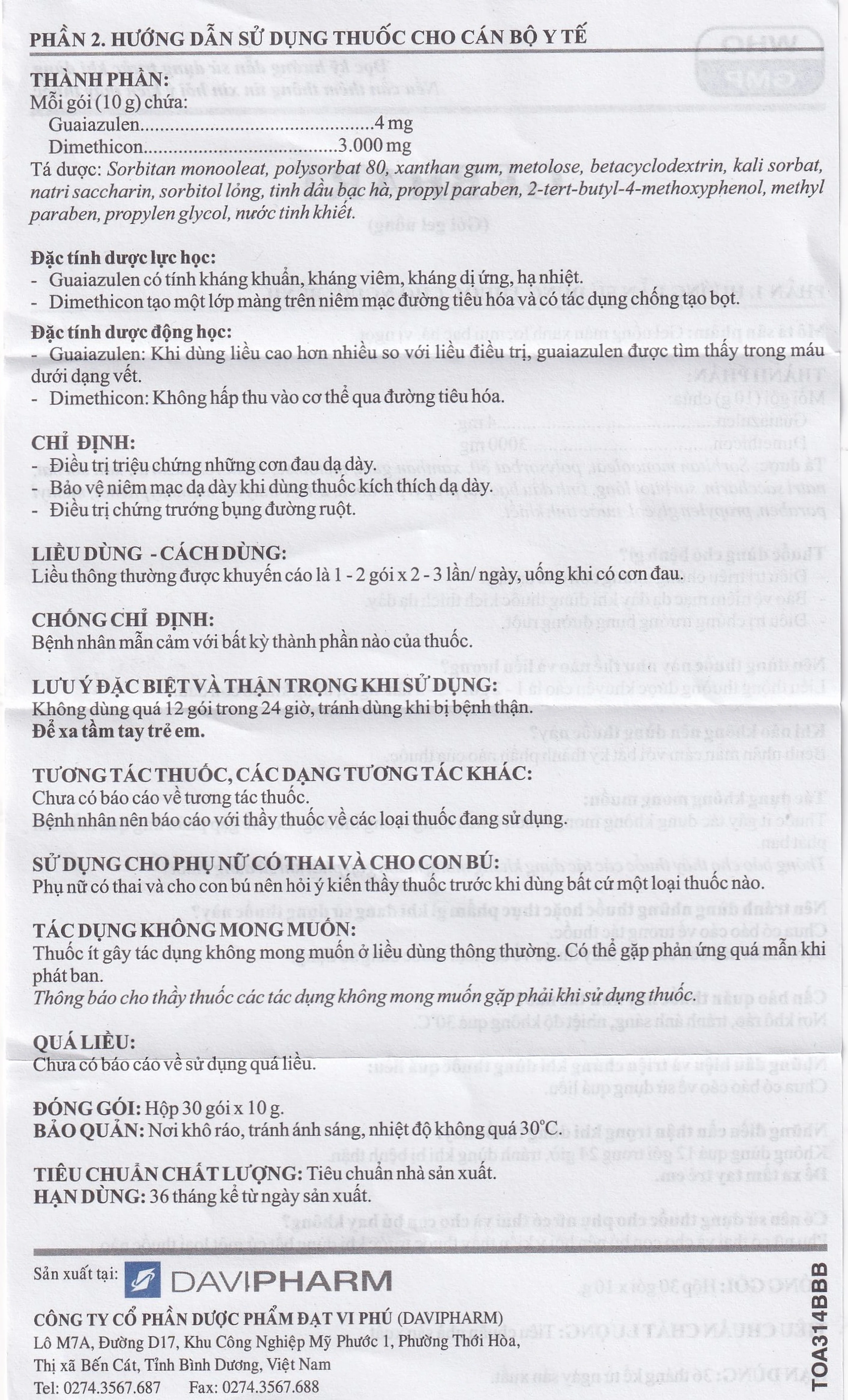 Gel uống Gebhart Davipharm điều trị triệu chứng cơn đau dạ dày (30 gói x 10g)