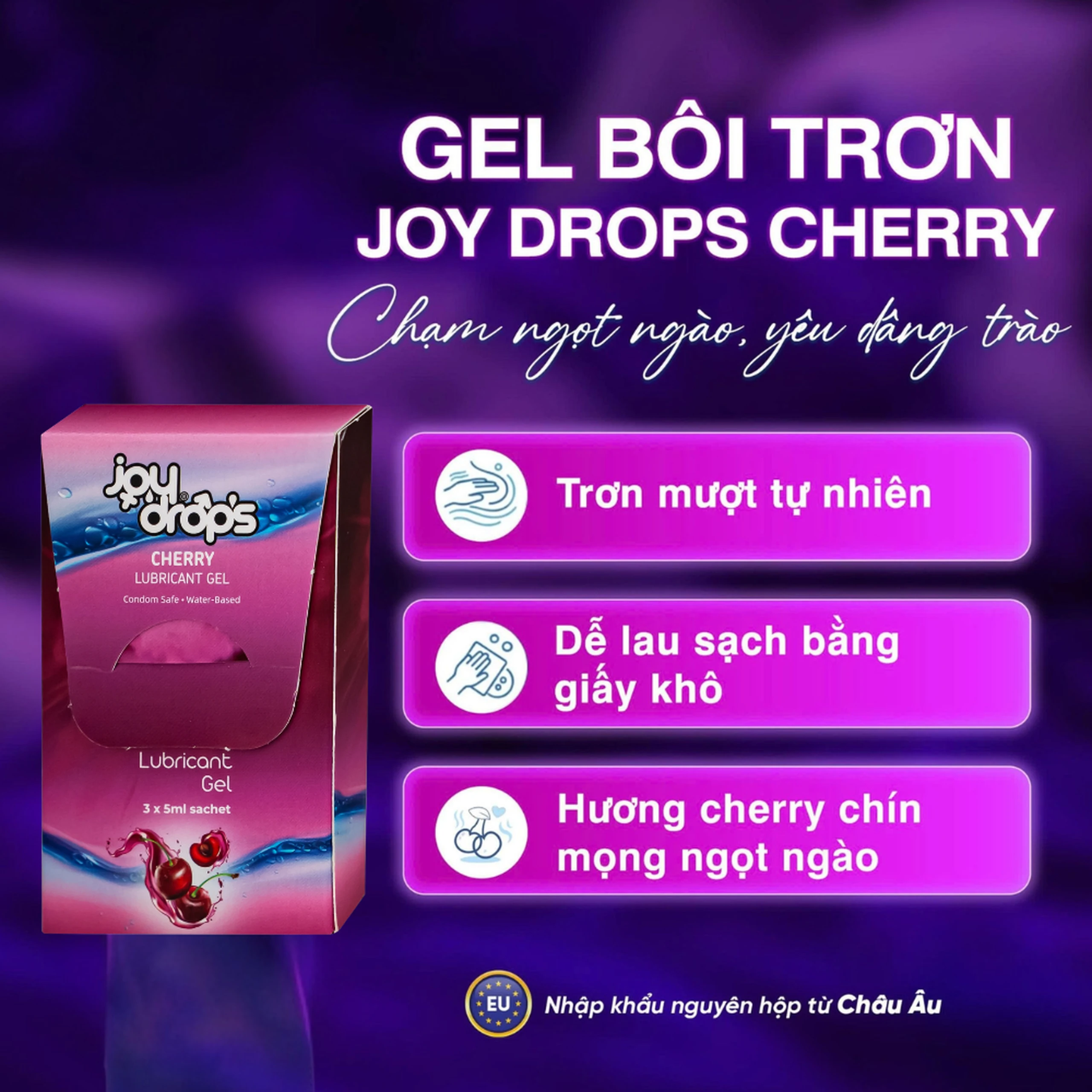 Gel Bôi Trơn Gốc Nước Joydrops Mùi Cherry (3 gói x 5ml)Dùng Cho Quan Hệ, Giảm Khô Rát, Bảo Vệ Niêm Mạc, Tạo Cảm Giác Mềm Mại 3