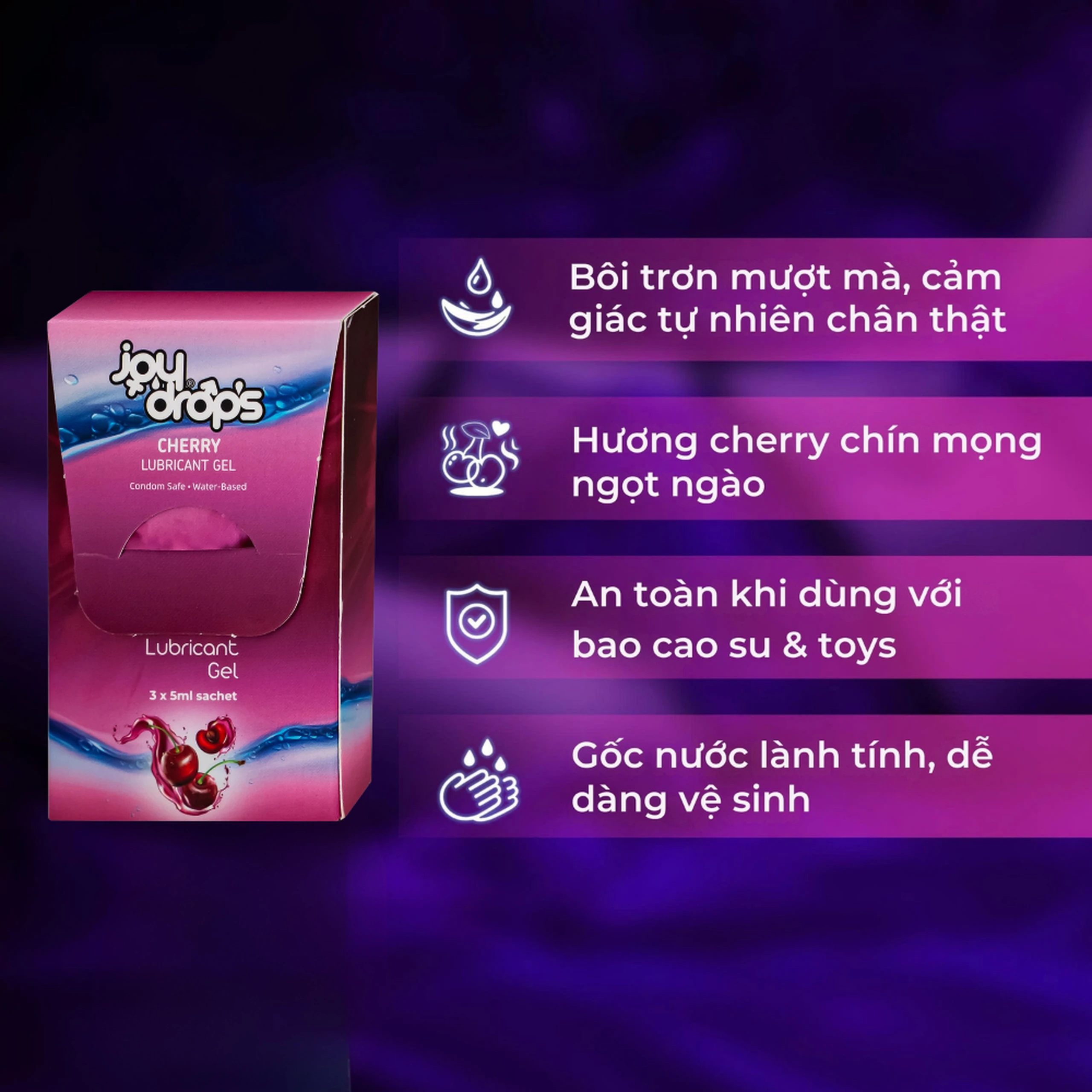 Gel Bôi Trơn Gốc Nước Joydrops Mùi Cherry (3 gói x 5ml)Dùng Cho Quan Hệ, Giảm Khô Rát, Bảo Vệ Niêm Mạc, Tạo Cảm Giác Mềm Mại 4