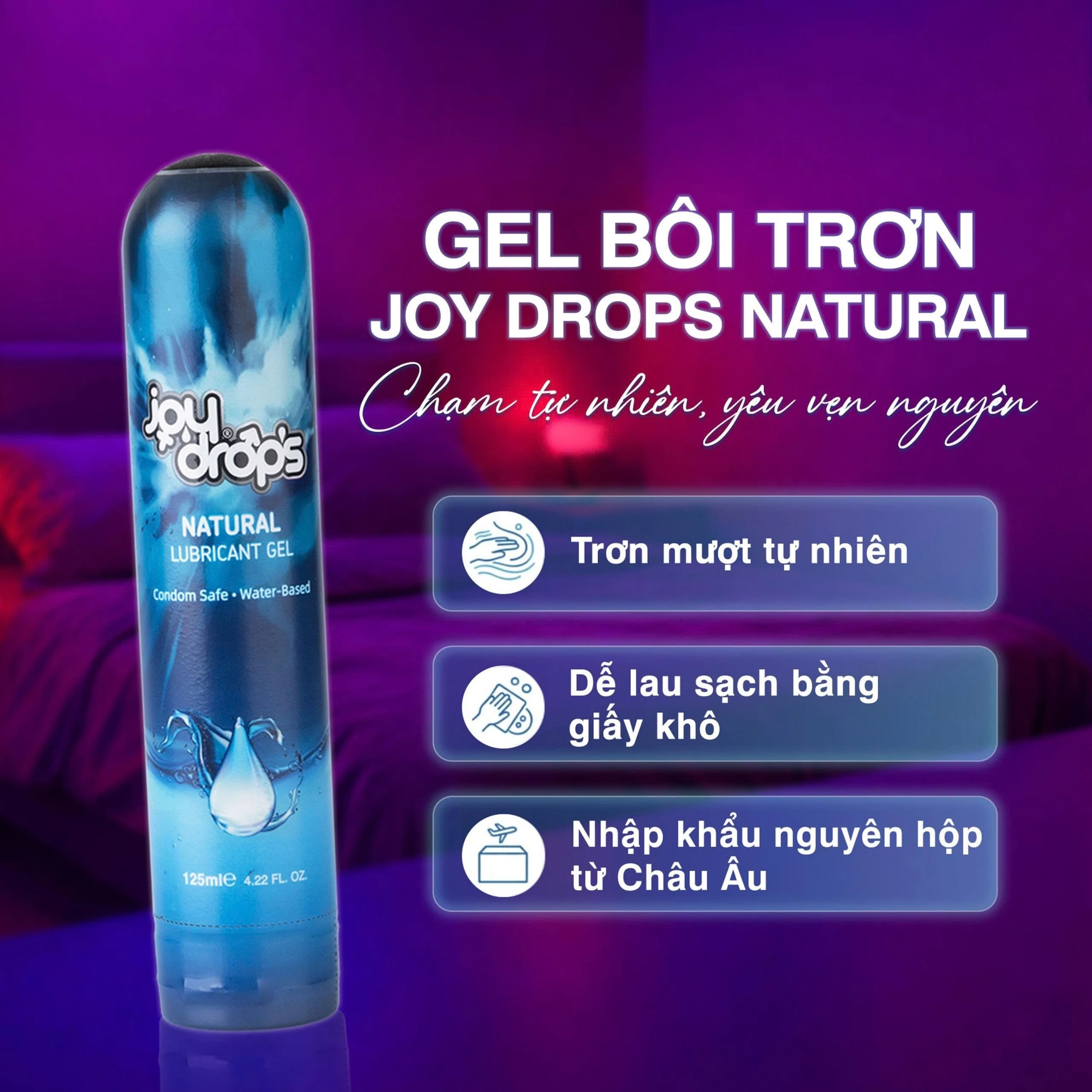 Gel Bôi Trơn Gốc Nước Joydrops Natural - Tinh Khiết, Dùng Cho Quan Hệ, Giảm Khô Rát, Bảo Vệ Niêm Mạc, Tạo Cảm Giác Mềm Mại 125ml