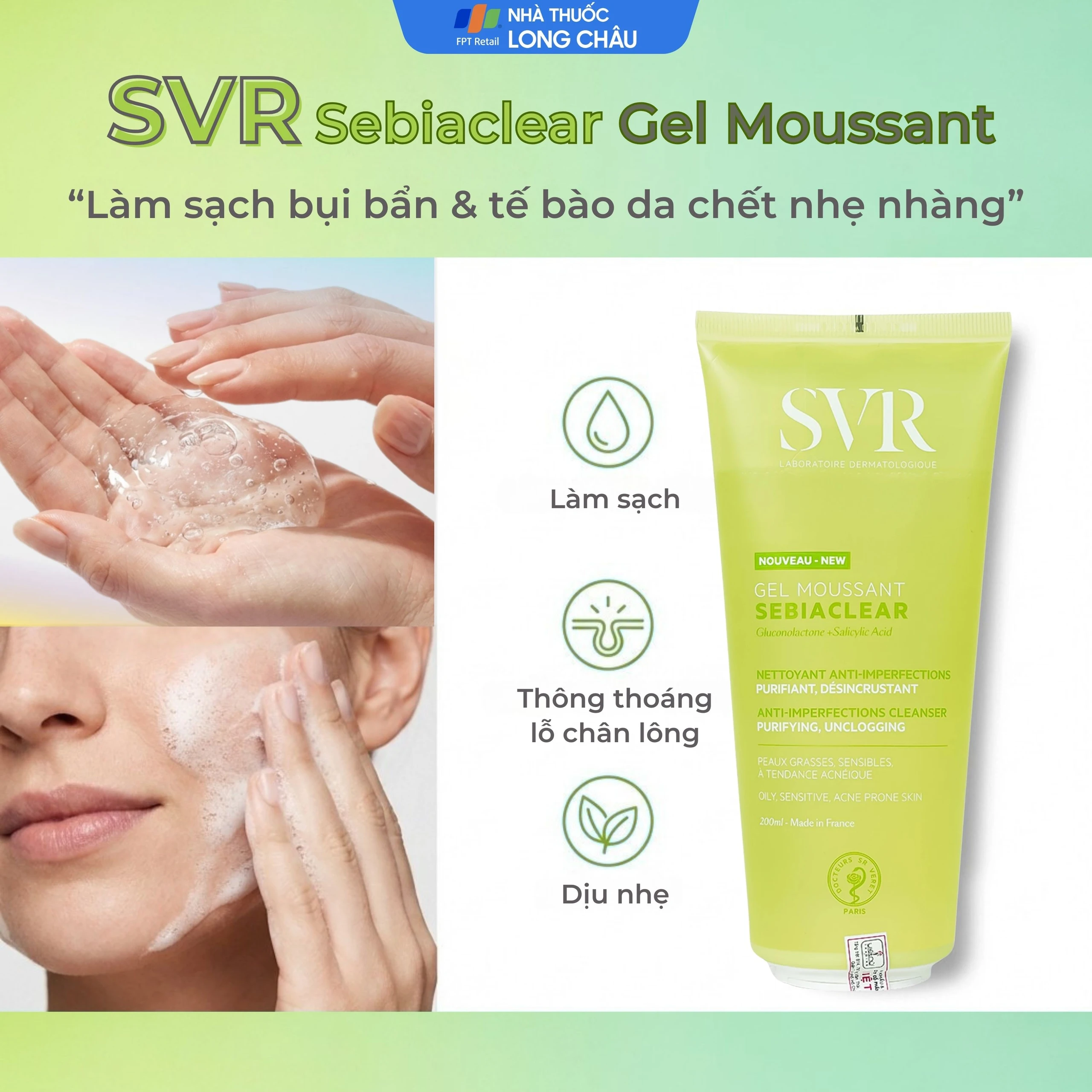 Gel rửa mặt không xà phòng cho da dầu SVR Sebiaclear Moussant 200ml
