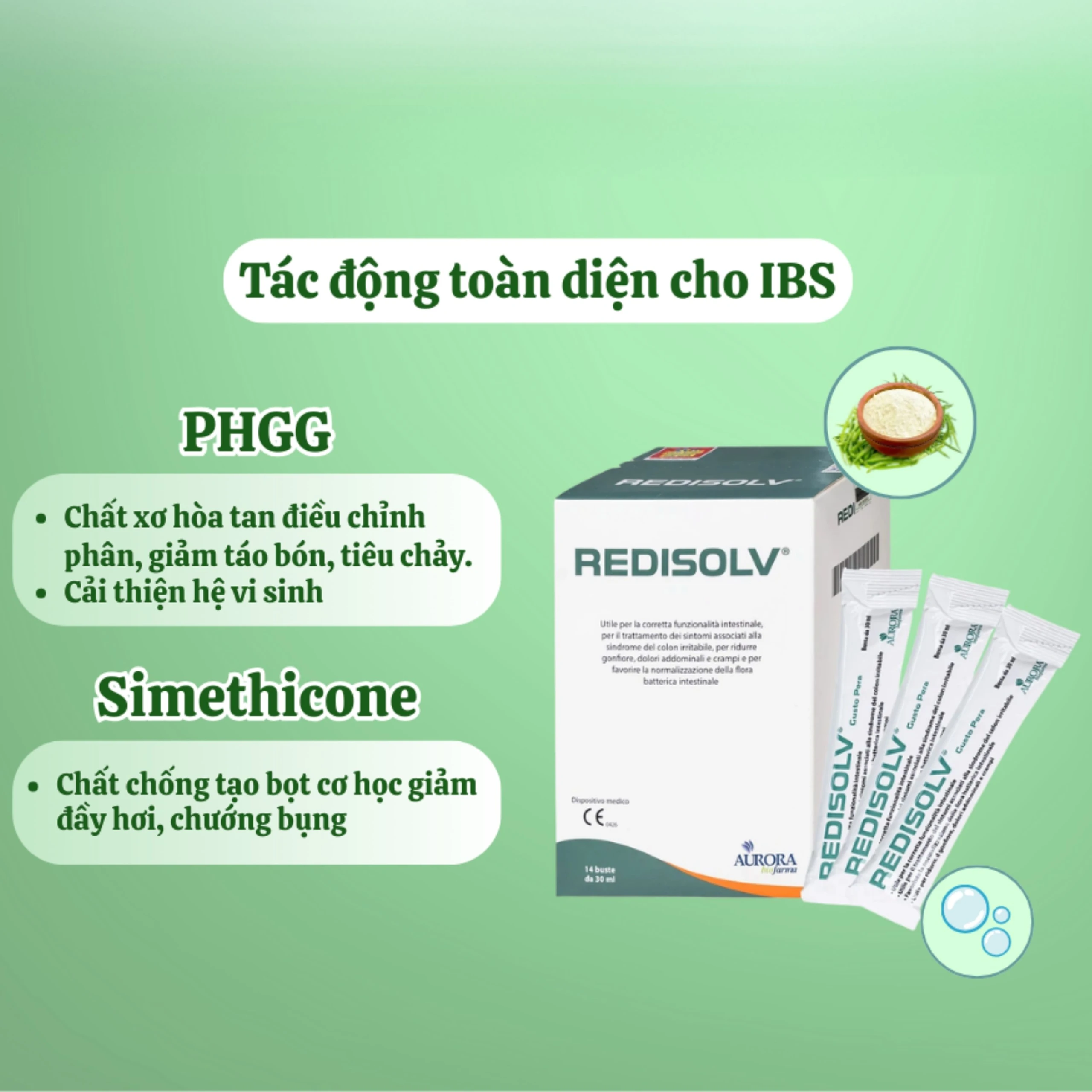 Gel Redisolv Aurora điều trị hội chứng ruột kích thích (IBS) (14 gói) giảm ngay triệu chứng tiêu chảy, đầy hơi, chướng bụng, rối loạn phân