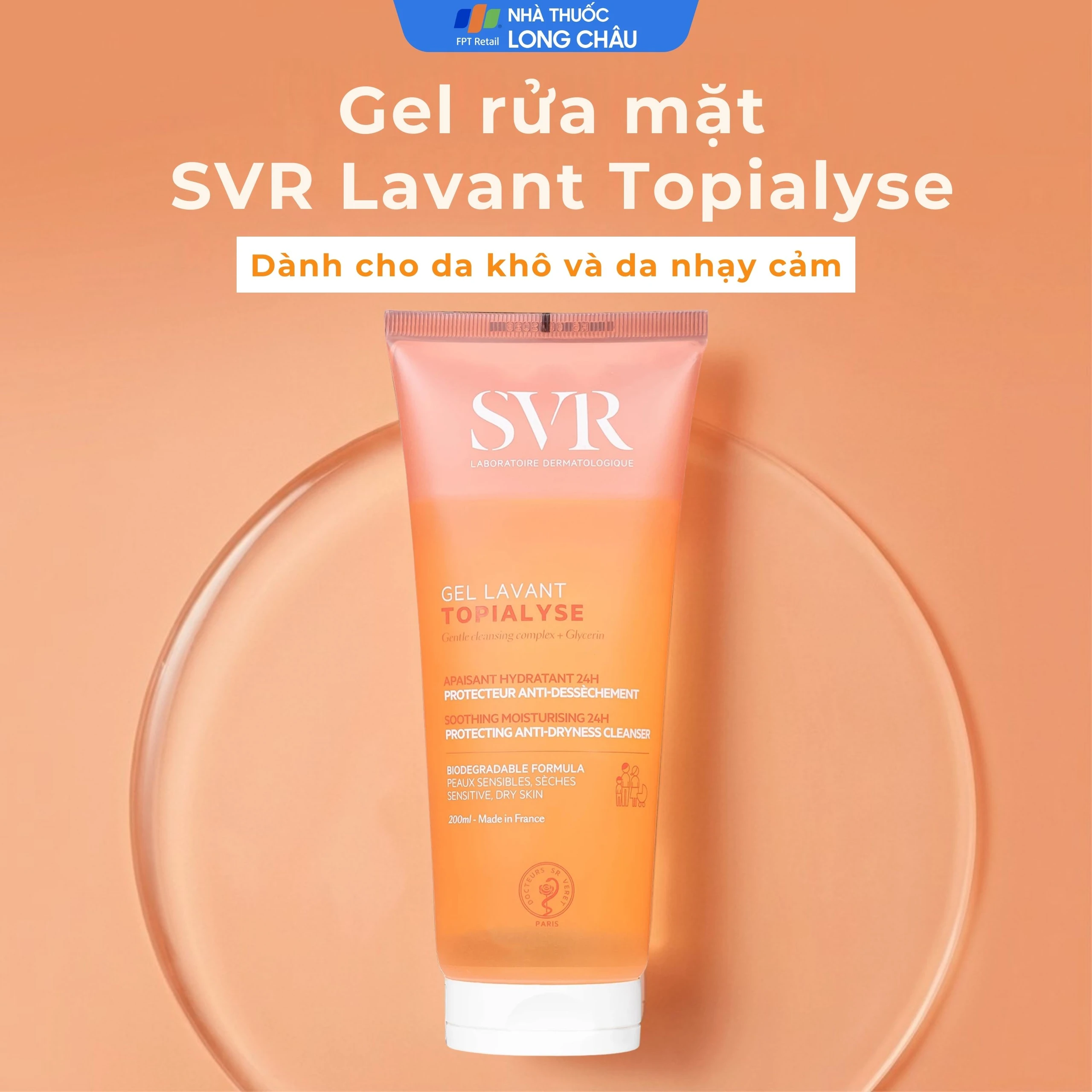 Gel rửa mặt dưỡng ẩm dành cho da khô và da nhạy cảm SVR Topialyse Gel Lavant 200ml