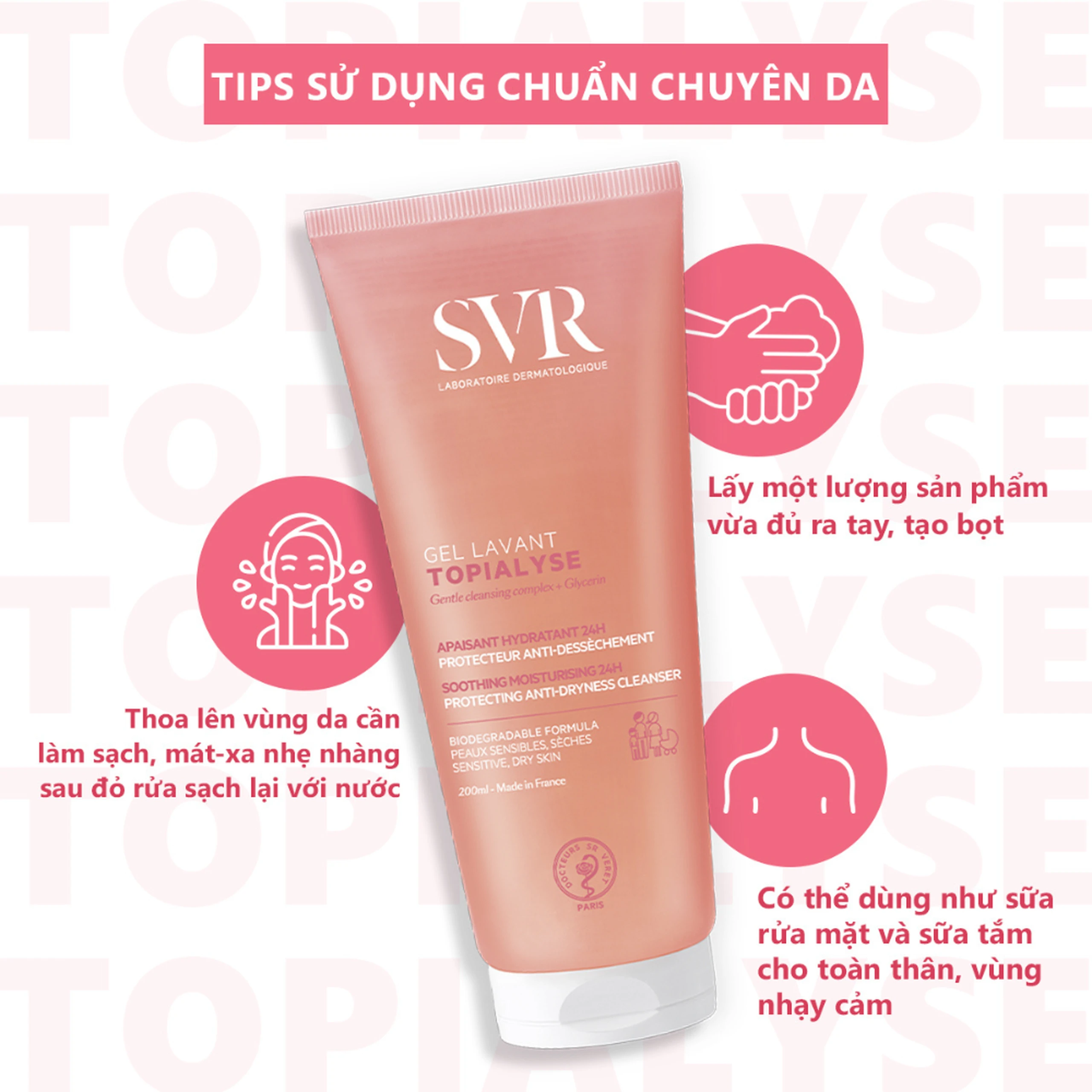 Gel rửa mặt dưỡng ẩm dành cho da khô và da nhạy cảm SVR Topialyse Gel Lavant 200ml 6