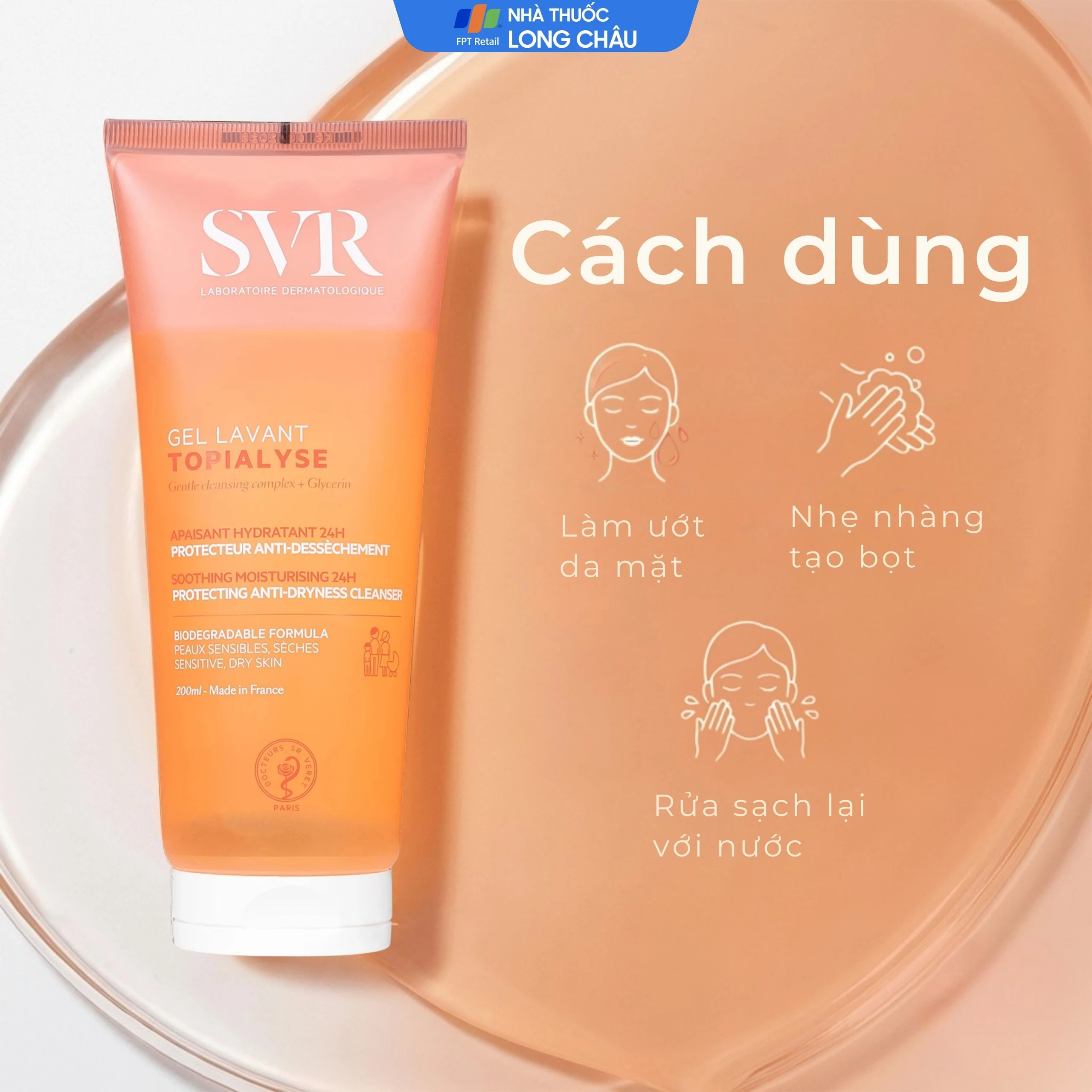Gel rửa mặt dưỡng ẩm dành cho da khô và da nhạy cảm SVR Topialyse Gel Lavant 200ml