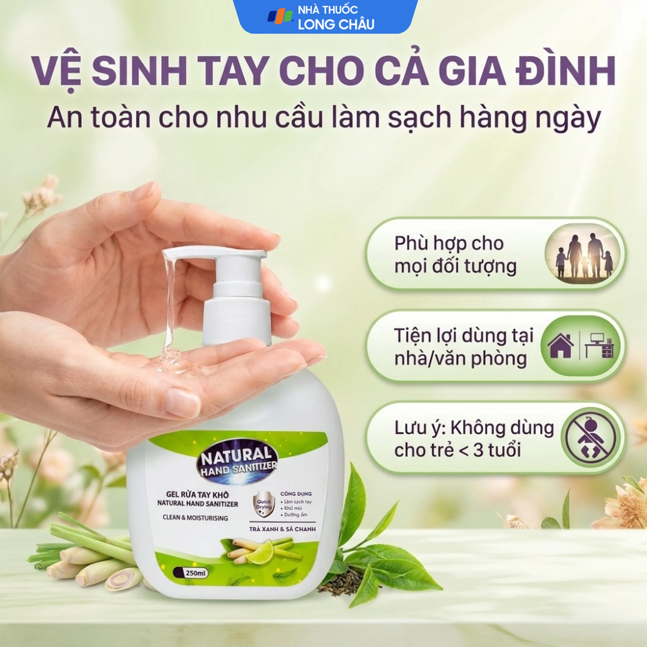 Gel rửa tay khô Natural Hand Sanitizer sát khuẩn, làm sạch tay (250ml) 7