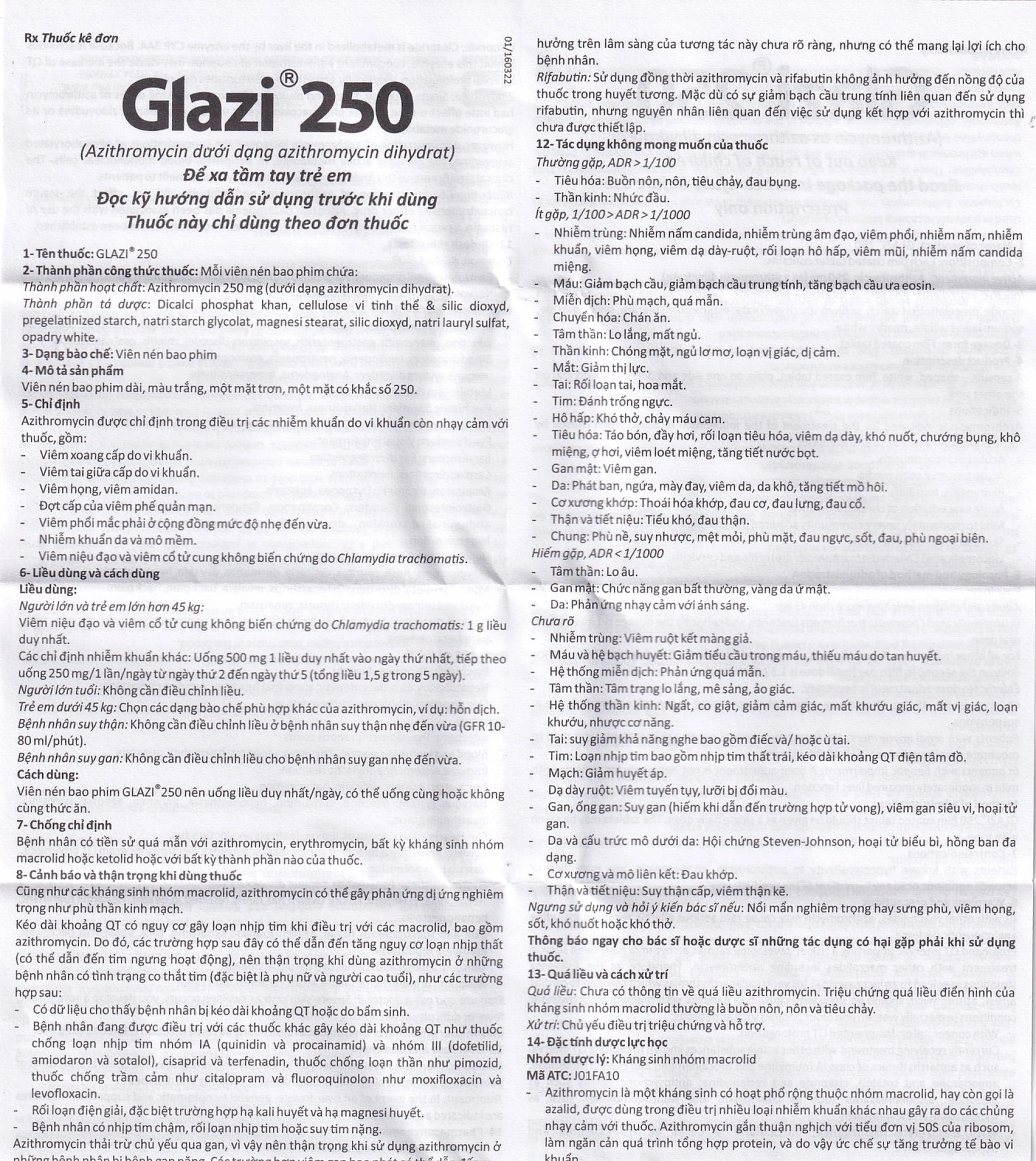 Thuốc Glazi 250 Abbott điều trị viêm xoang cấp, viêm tai giữa cấp, viêm họng, viêm amidan (2 vỉ x 6 viên)