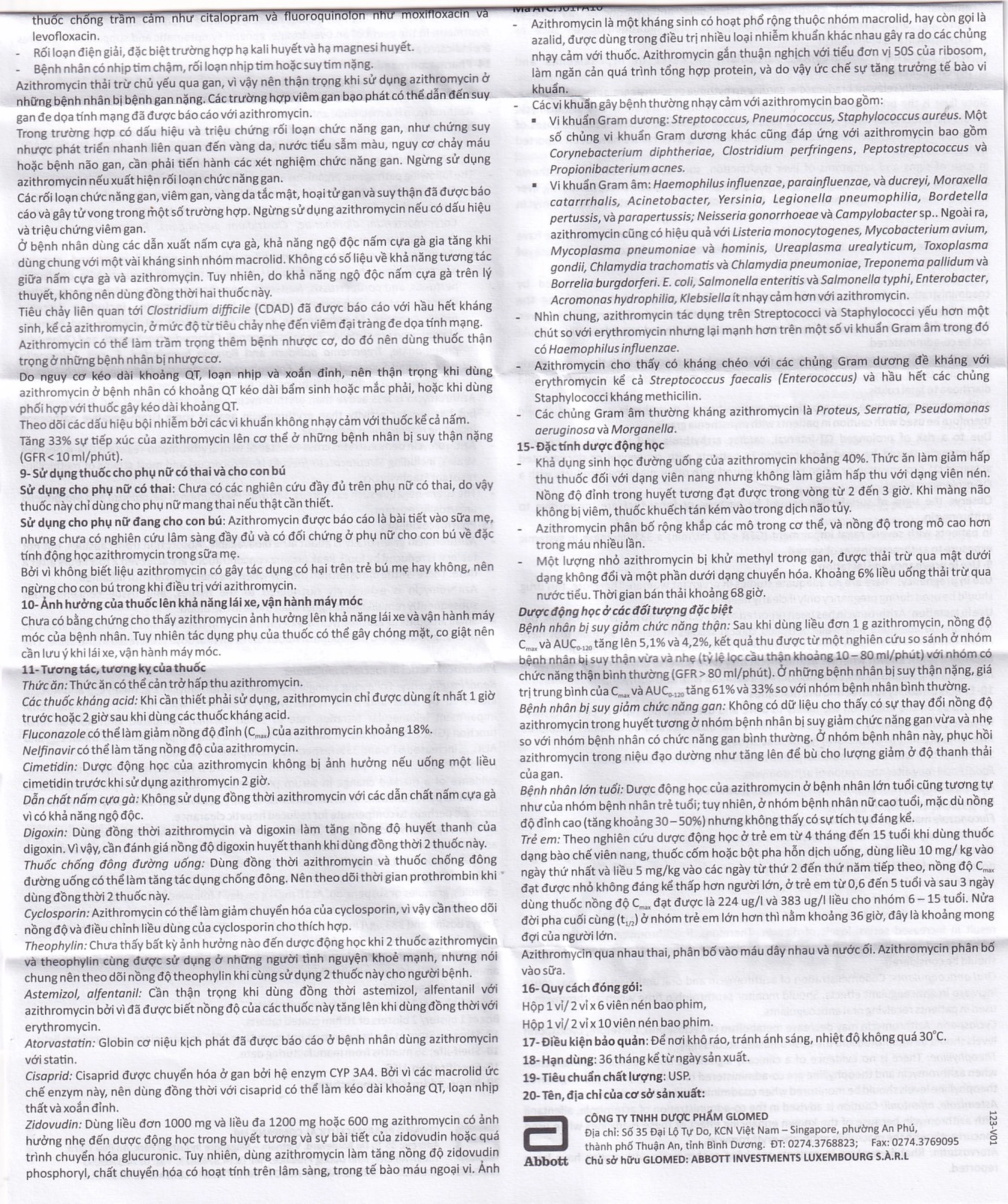 Thuốc Glazi 250 Abbott điều trị viêm xoang cấp, viêm tai giữa cấp, viêm họng, viêm amidan (2 vỉ x 6 viên)