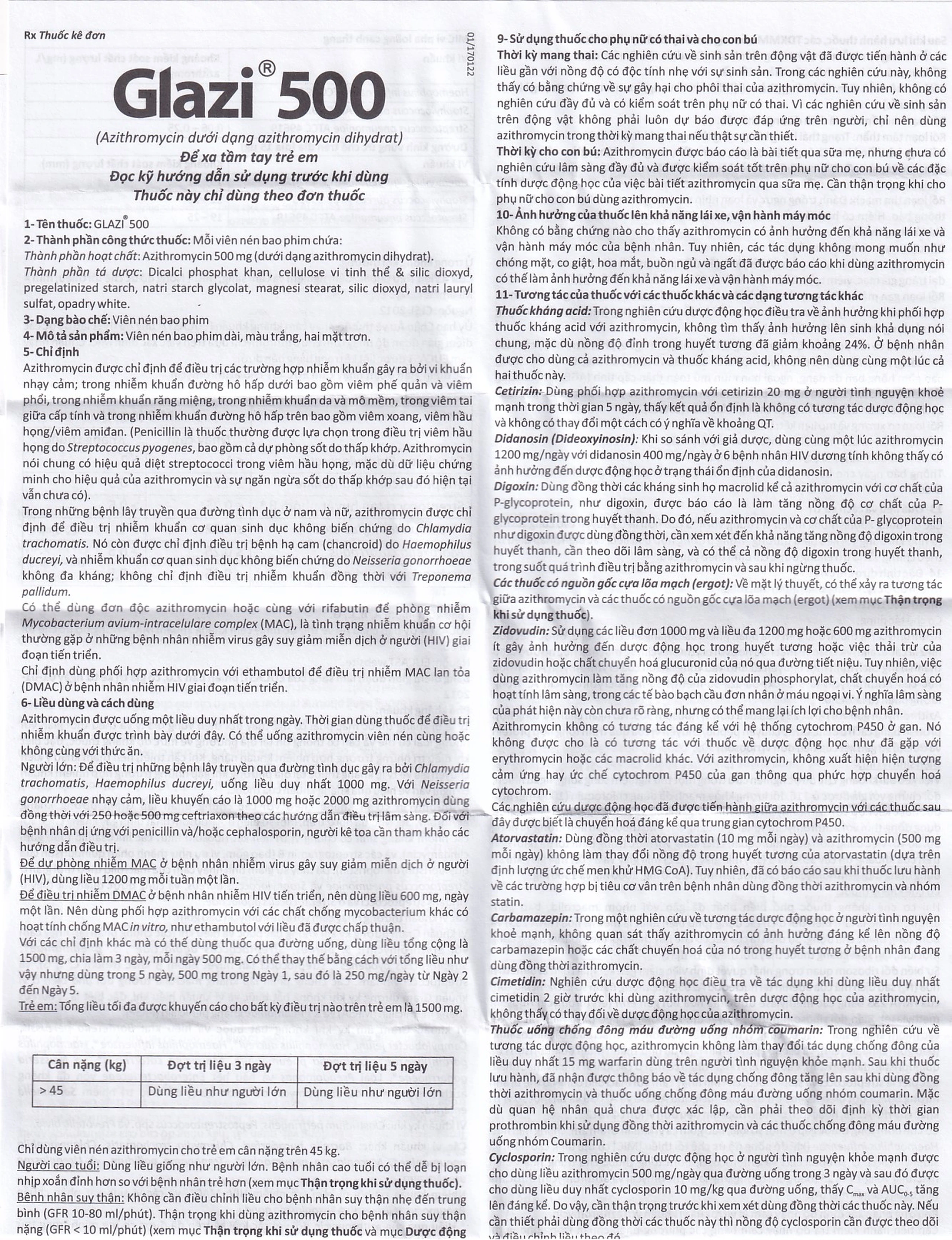 Thuốc Glazi 500 Abbott điều trị viêm xoang cấp, viêm tai giữa cấp, viêm họng, viêm amidan (2 vỉ x 3 viên) 