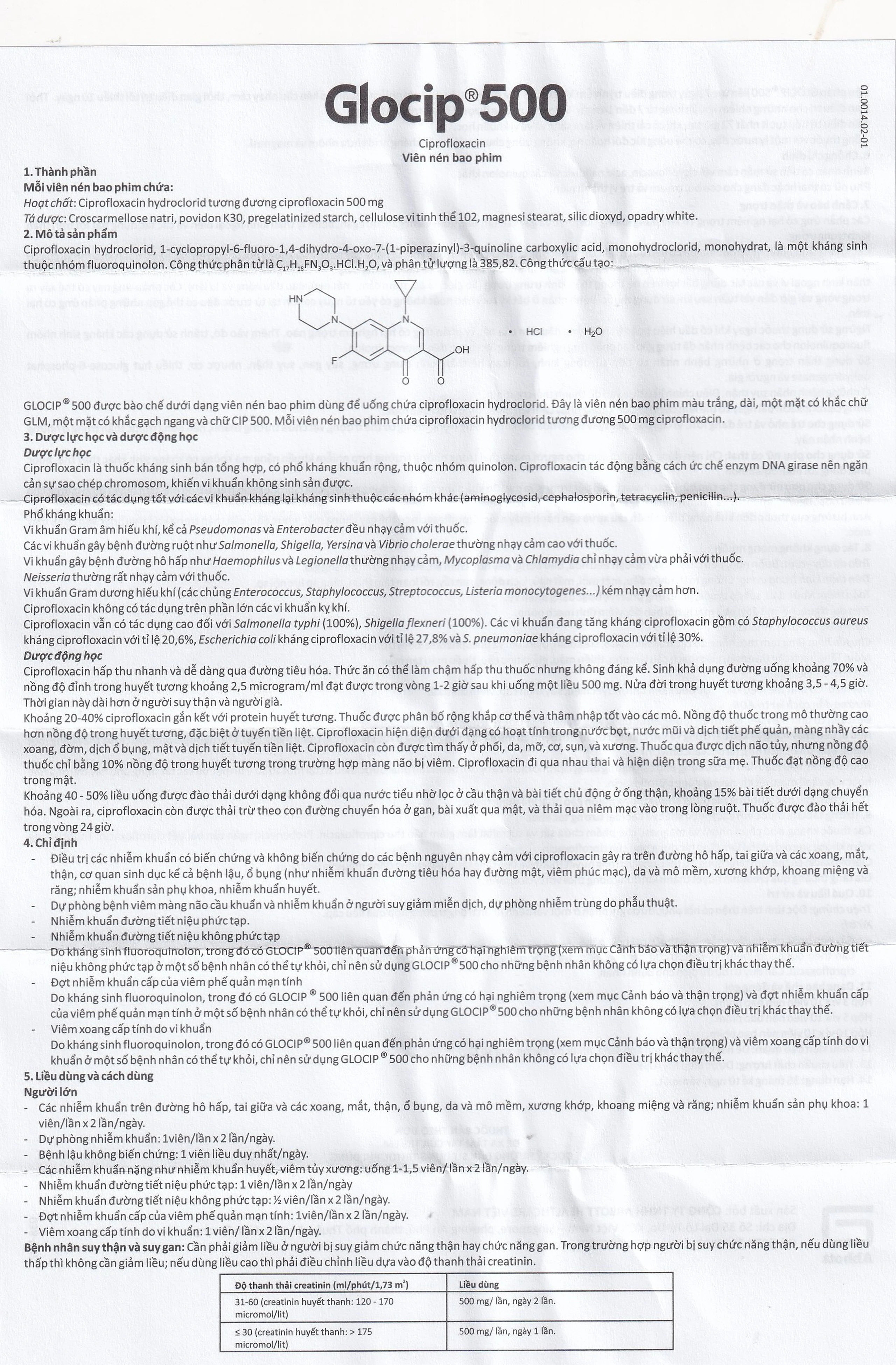 Thuốc Glocip 500 Glomed điều trị nhiễm khuẩn (3 vỉ x 10 viên)