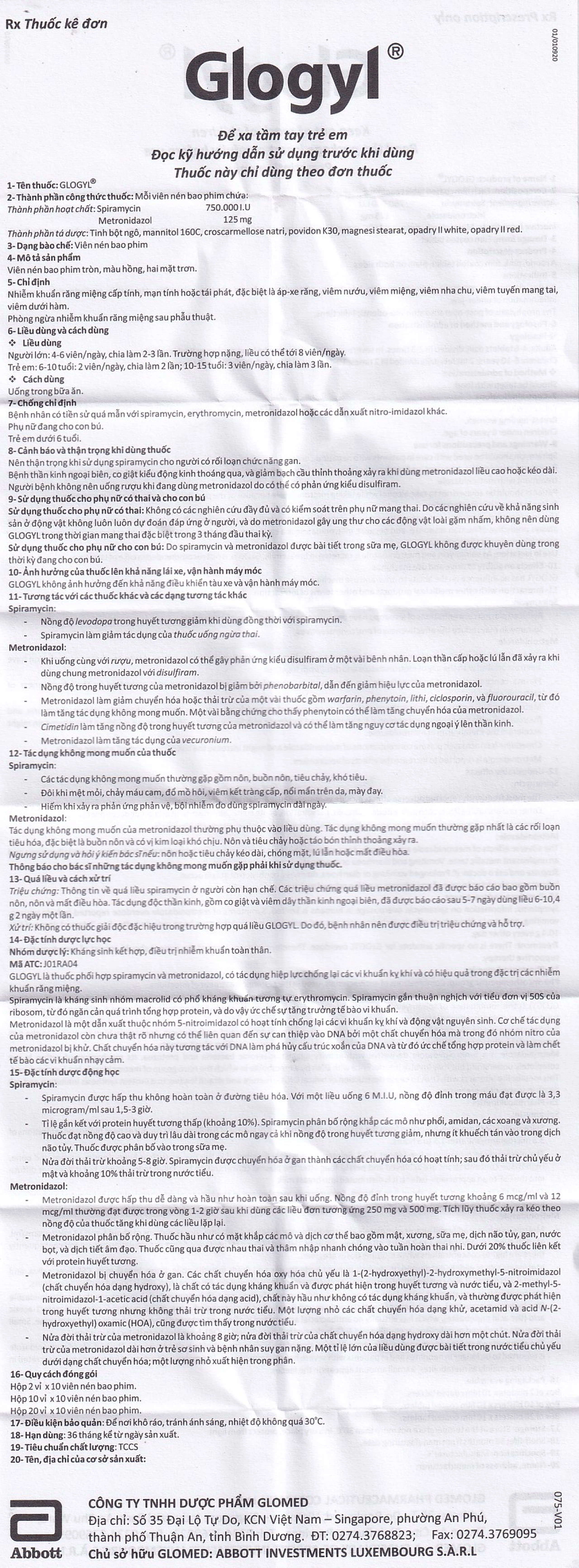 Viên nén Glogyl Glomed điều trị nhiễm khuẩn răng miệng cấp tính, mạn tính (2 vỉ x 10 viên)