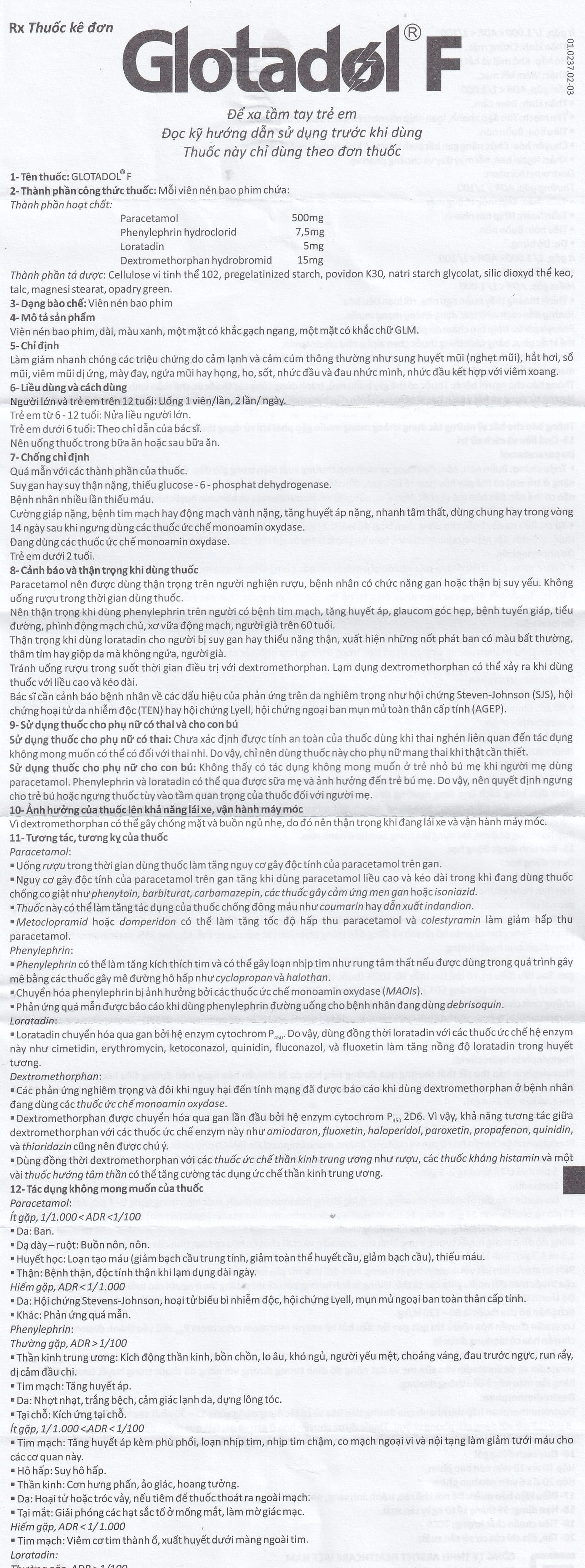 Thuốc Glotadol F Glomed hỗ trợ giảm nhanh các triệu chứng do cảm cúm, cảm lạnh (10 vỉ x 10 viên)