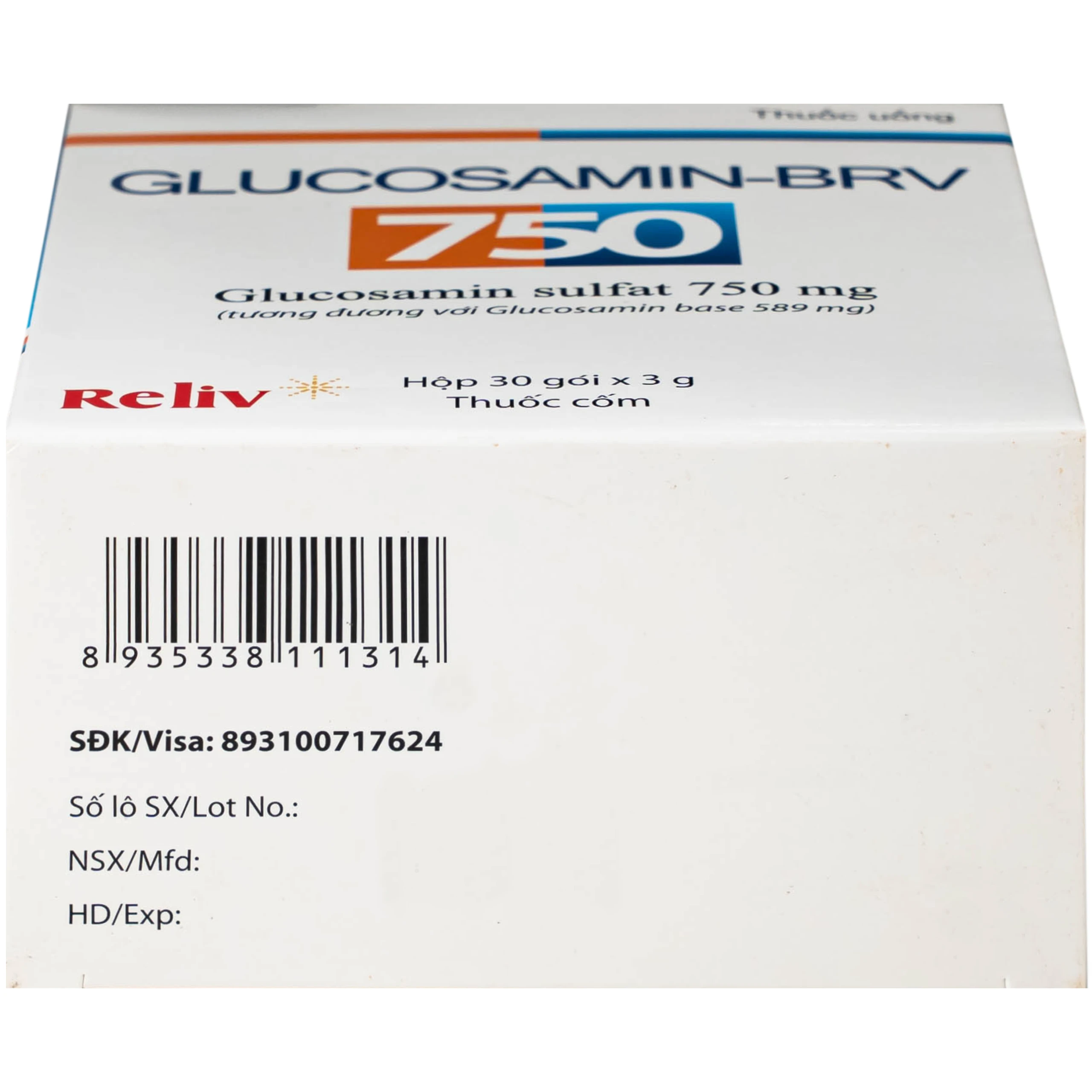 Thuốc Glucosamin-BRV 750mg Reliv giảm triệu chứng của thoái hóa khớp gối nhẹ và trung bình (30 gói x 3g) 5