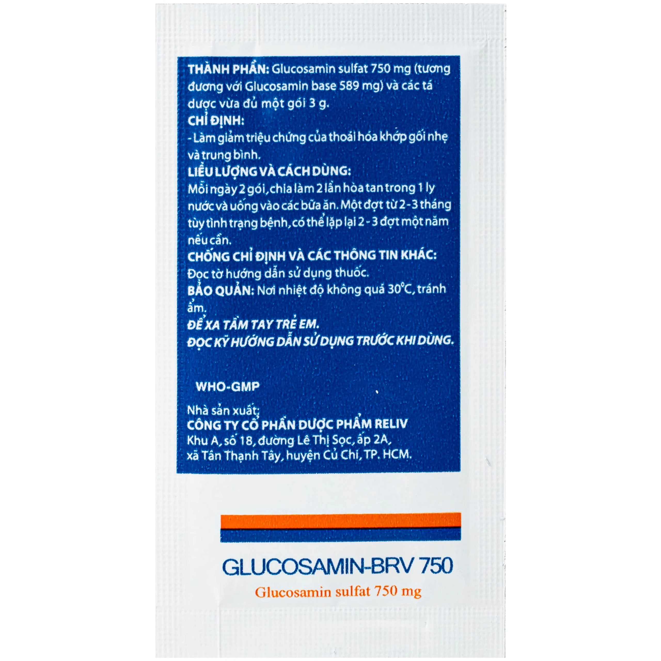 Thuốc Glucosamin-BRV 750mg Reliv giảm triệu chứng của thoái hóa khớp gối nhẹ và trung bình (30 gói x 3g) 7