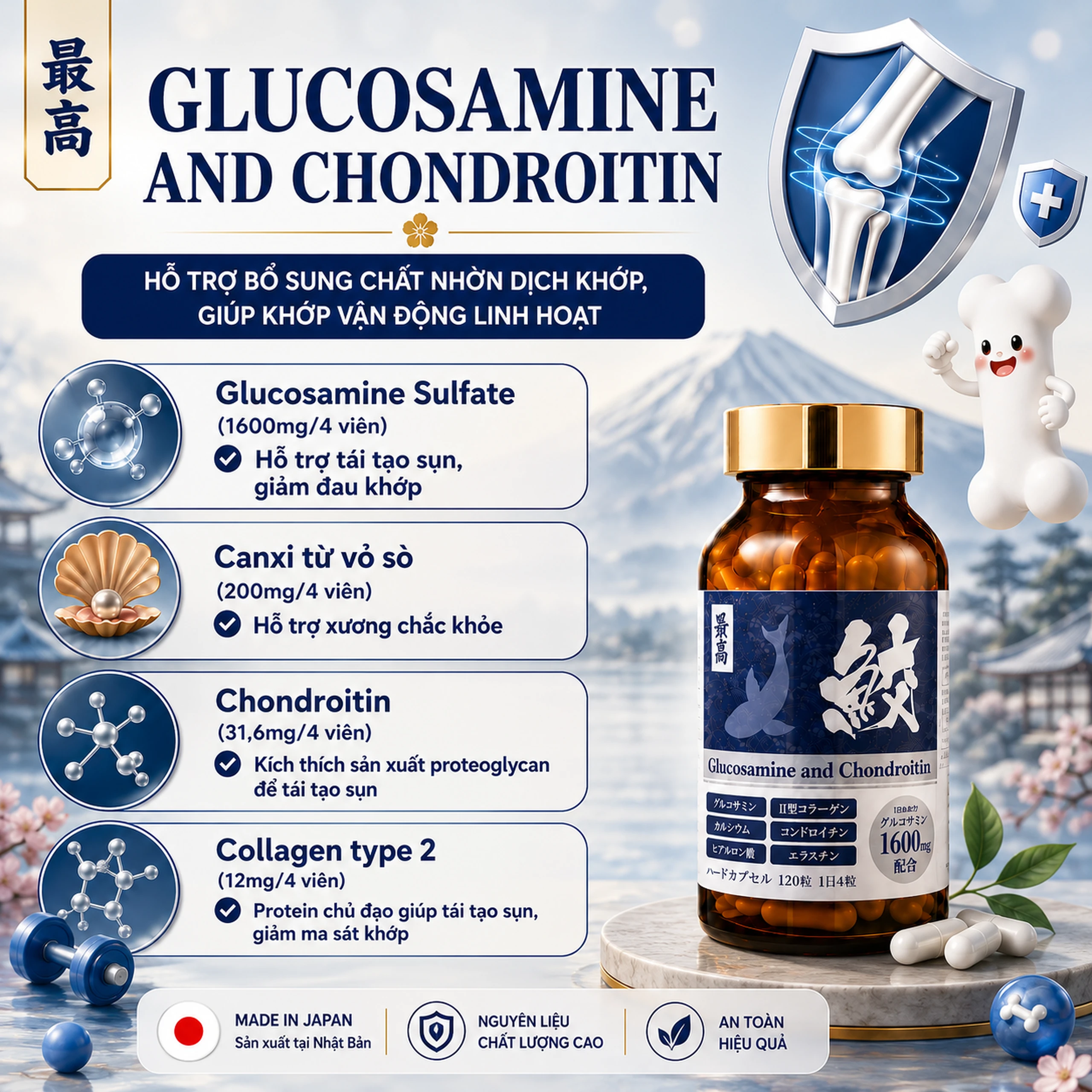 Viên uống giúp giảm đau khớp, khô khớp, bổ sung chất nhờn dịch khớp Glucosamine And Chondroitin Jpanwell (120 viên) 4