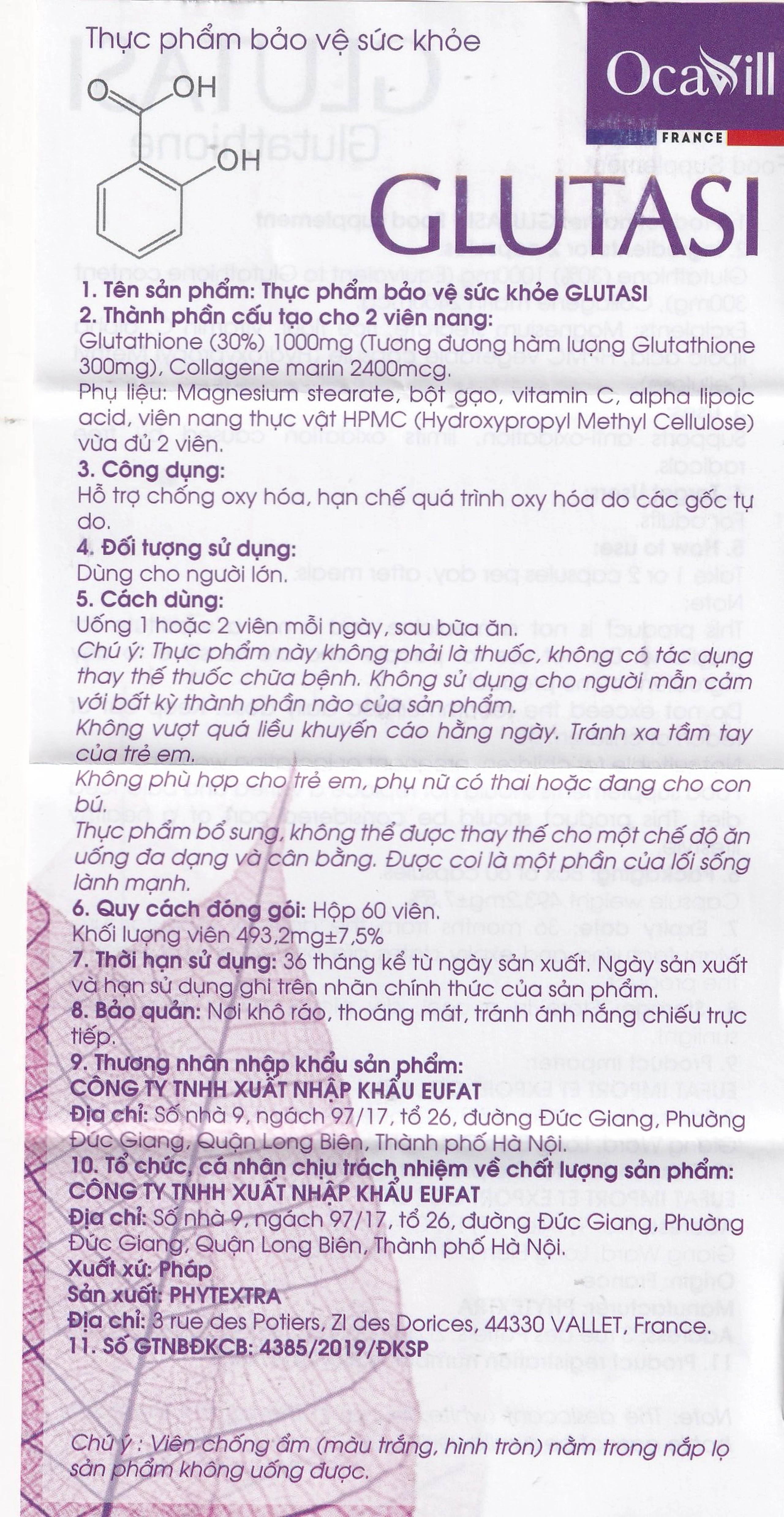 Viên uống hỗ trợ chống oxy hóa, hạn chế oxy hóa do gốc tự do Glutasi Ocavill (60 viên)