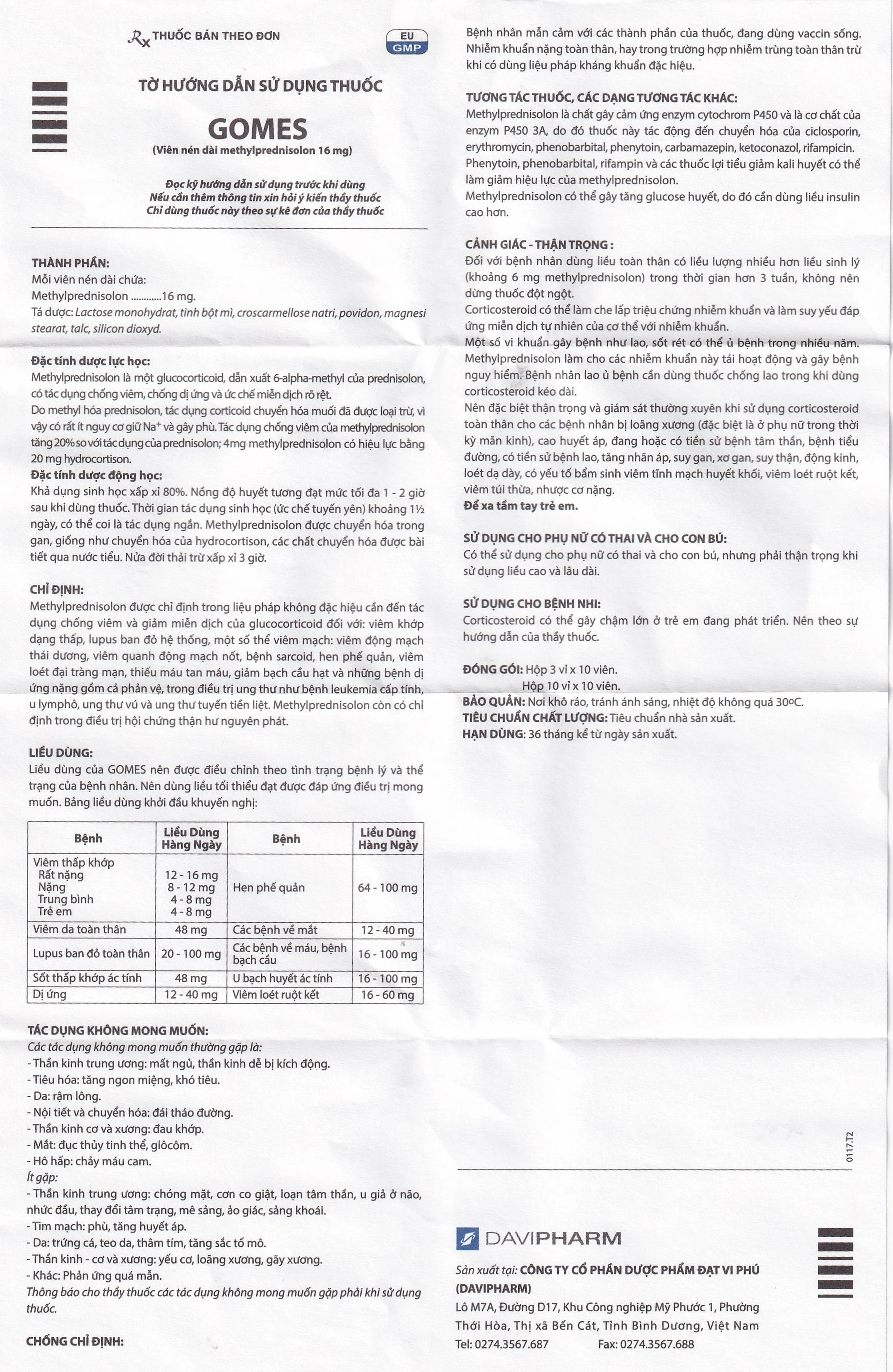 Thuốc Gomes 16mg Davipharm kháng viêm, điều trị viêm khớp dạng thấp, lupus ban đỏ hệ thống (3 vỉ x 10 viên)