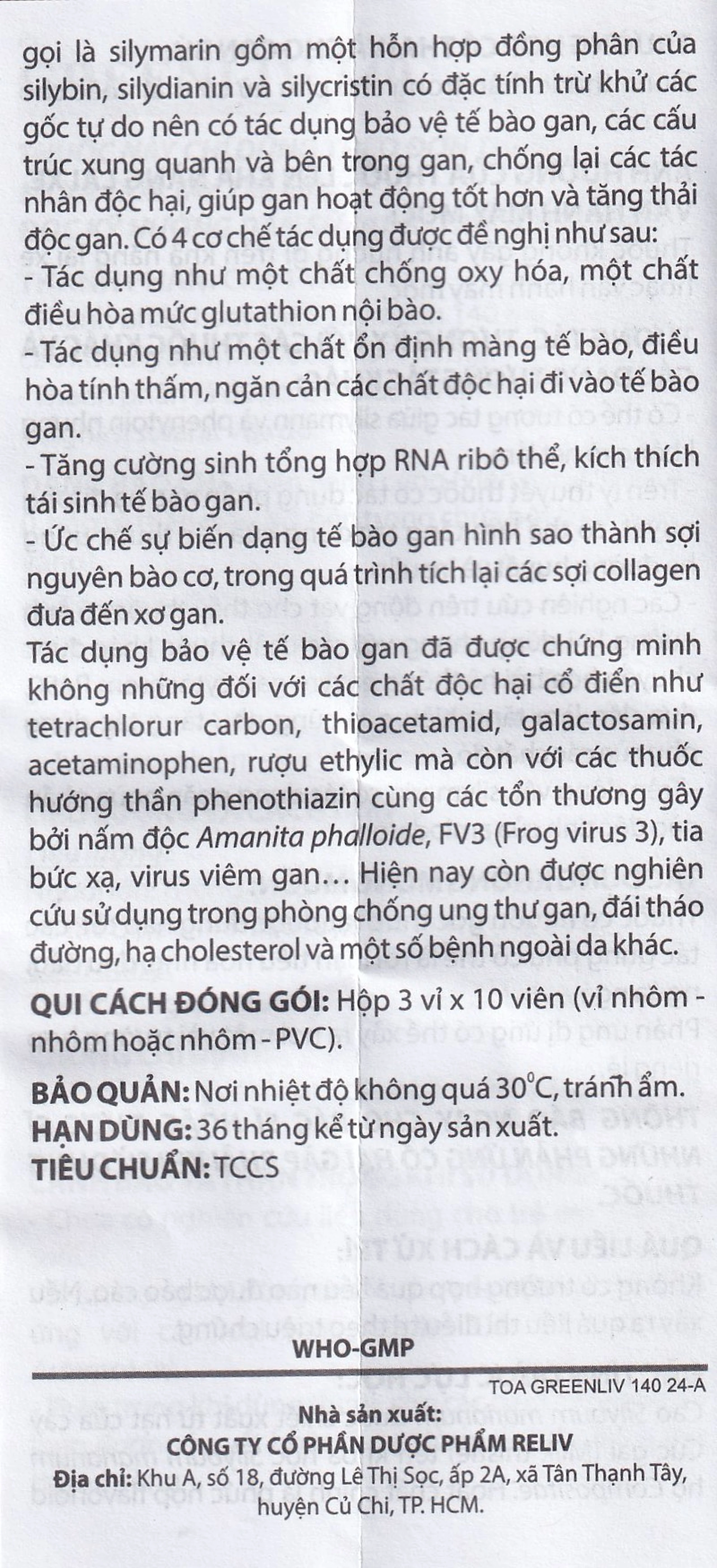 Thuốc Greenliv 140mg Reliv điều trị rối loạn tiêu hóa trong các bệnh về gan, viêm gan cấp và mãn tính (3 vỉ x 10 viên)