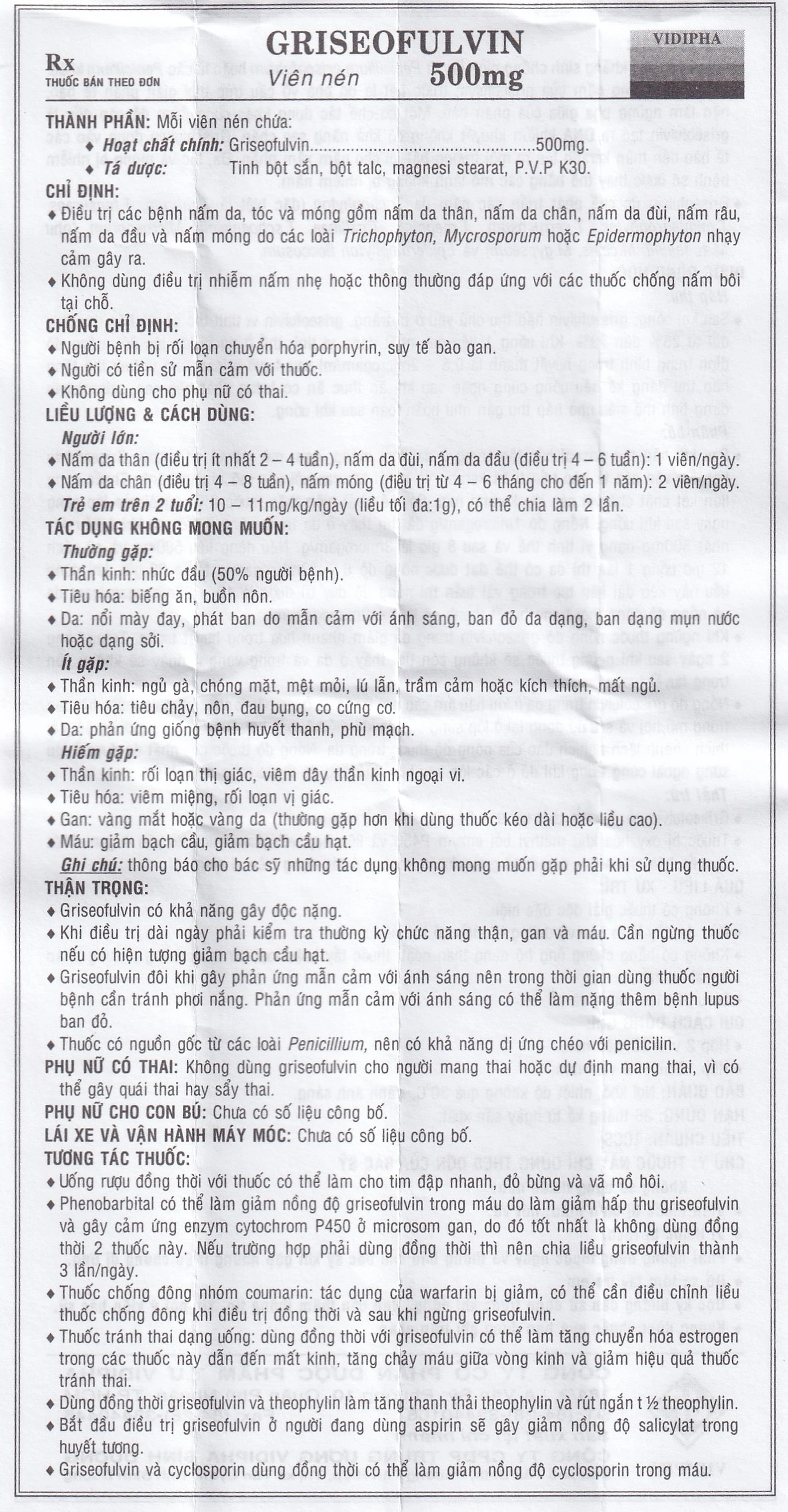 Thuốc Griseofulvin 500mg Vidipha điều trị các bệnh nấm da, tóc, lông, móng tay, móng chân (2 vỉ x 10 viên)