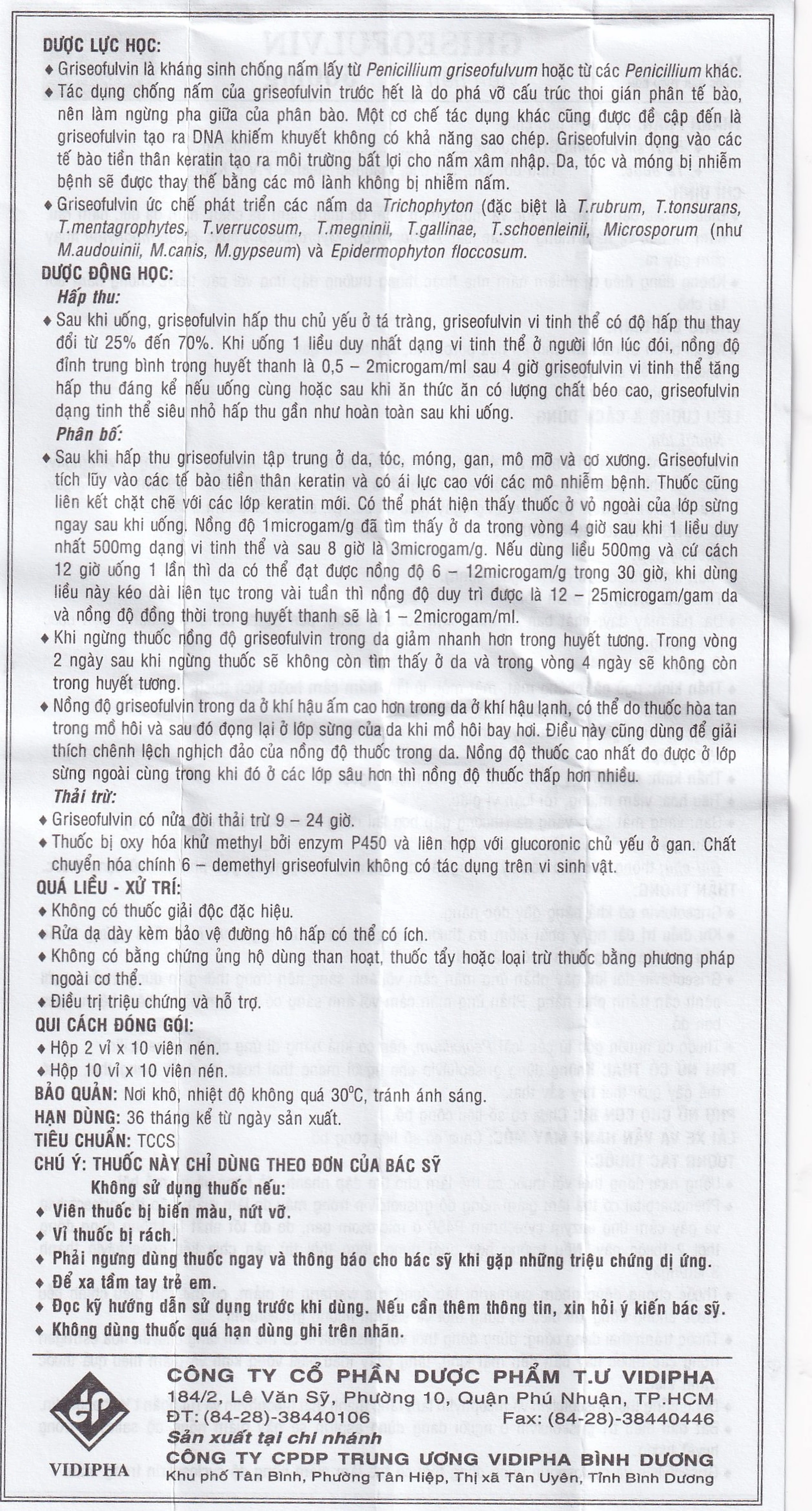 Thuốc Griseofulvin 500mg Vidipha điều trị các bệnh nấm da, tóc, lông, móng tay, móng chân (2 vỉ x 10 viên)