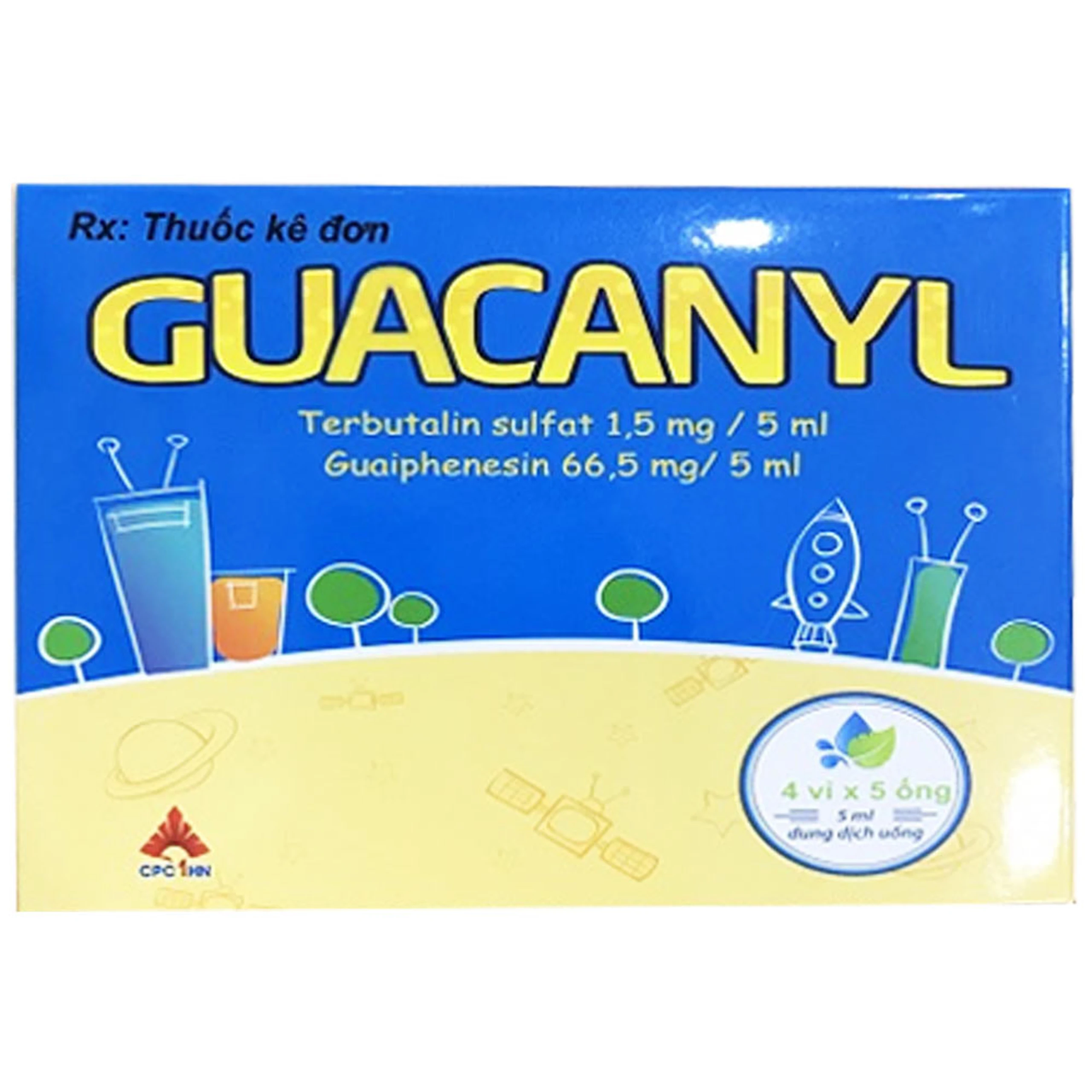 Dung dịch uống Guacanyl CPC1HN  điều trị ho do hen phế quản, viêm phế quản, khí phế thũng (4 vỉ x 5 ống)