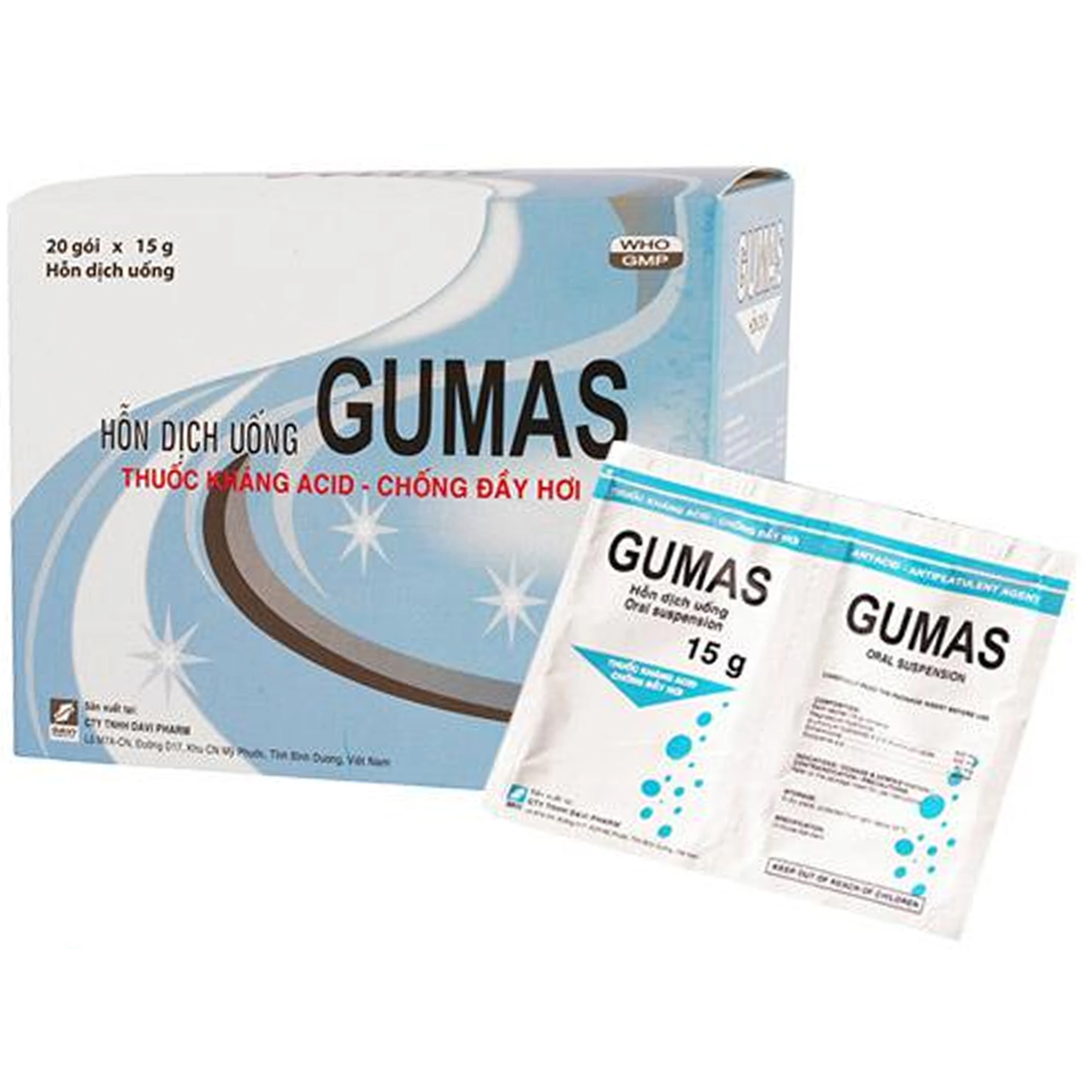 Hỗn dịch uống Gumas Davipharm hỗ trợ điều trị ợ nóng, viêm thực quản, viêm dạ dày (20 gói)