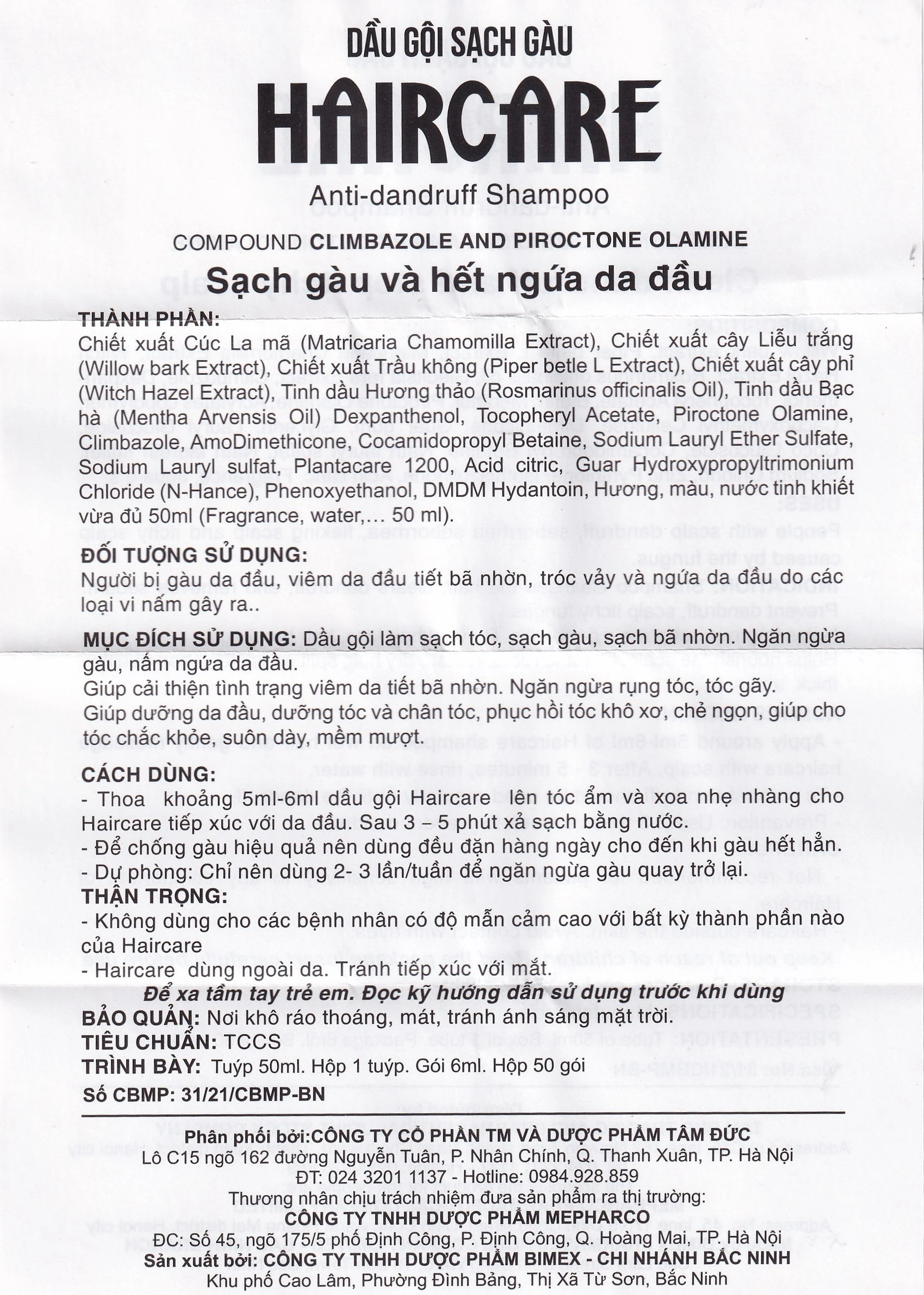 Dầu gội Haircare Bimex dưỡng tóc, ngăn ngừa gàu (50ml)