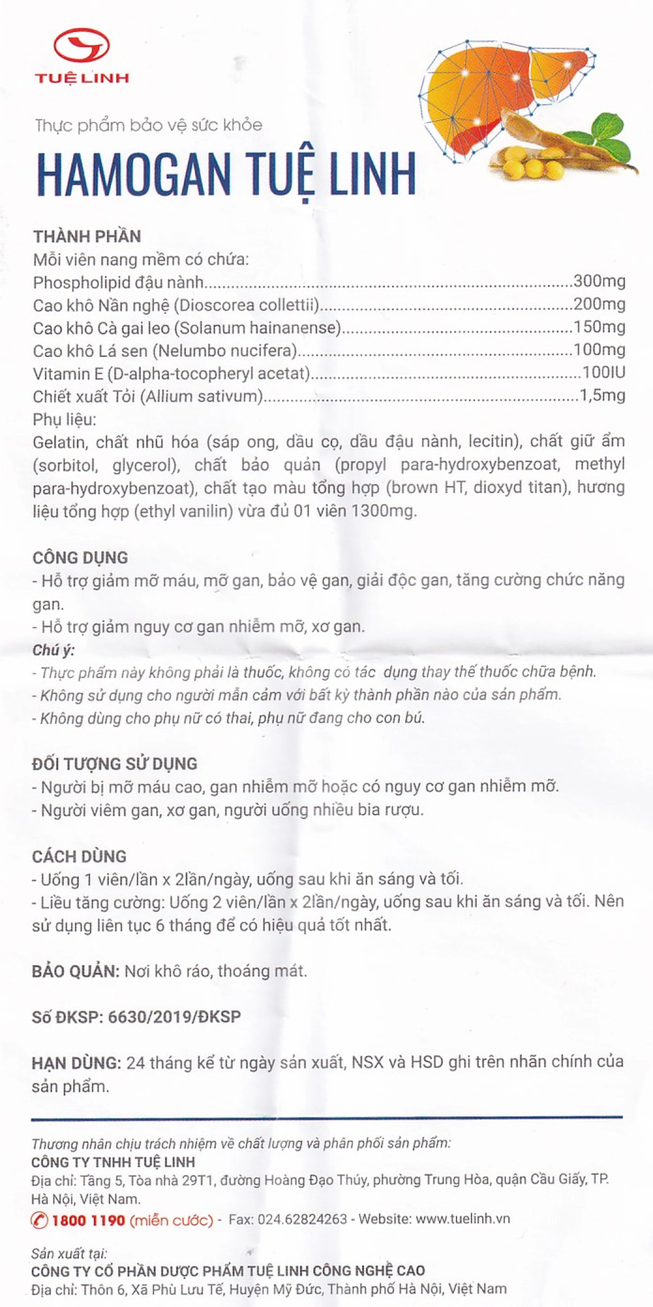 Viên hỗ trợ giảm mỡ máu, mỡ gan Hamogan Tuệ Linh (30 viên)