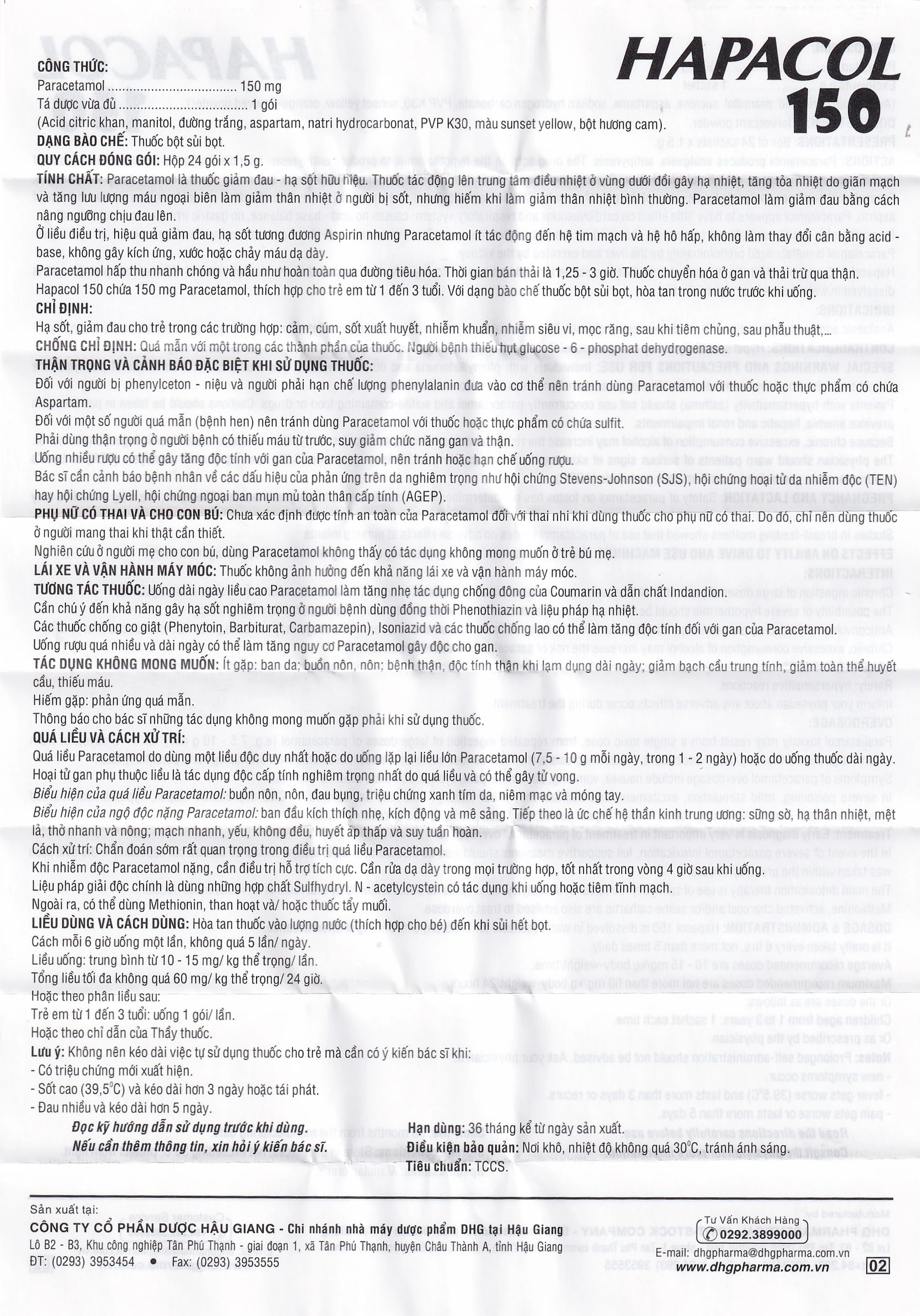 Bột Hapacol 150 DHG giảm đau, hạ sốt (24 gói)