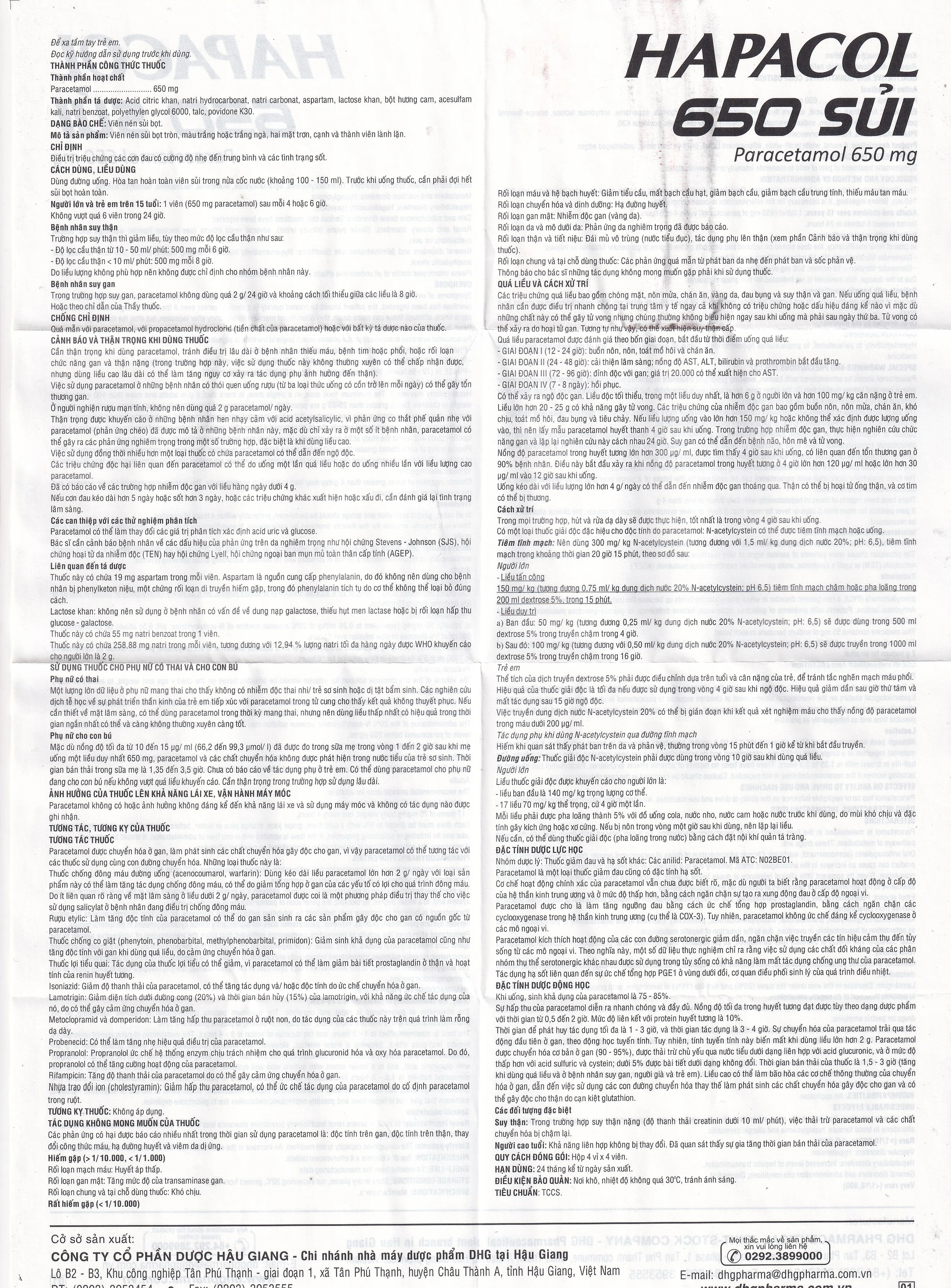 Viên sủi Hapacol 650 DHG điều trị các cơn đau có cường độ nhẹ đến trung bình và sốt (4 vỉ x 4 viên)