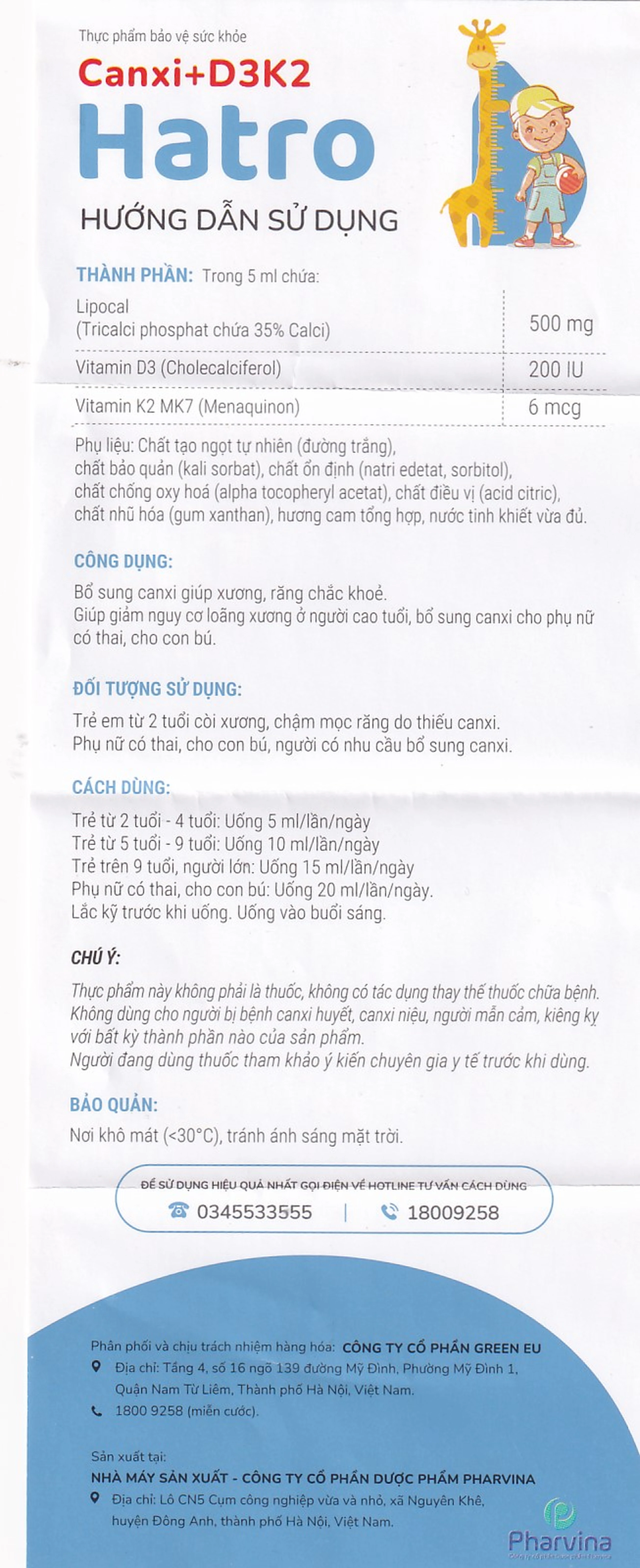 Siro bổ sung canxi giúp xương răng chắc khỏe Canxi + D3K2 Hatro (120ml)