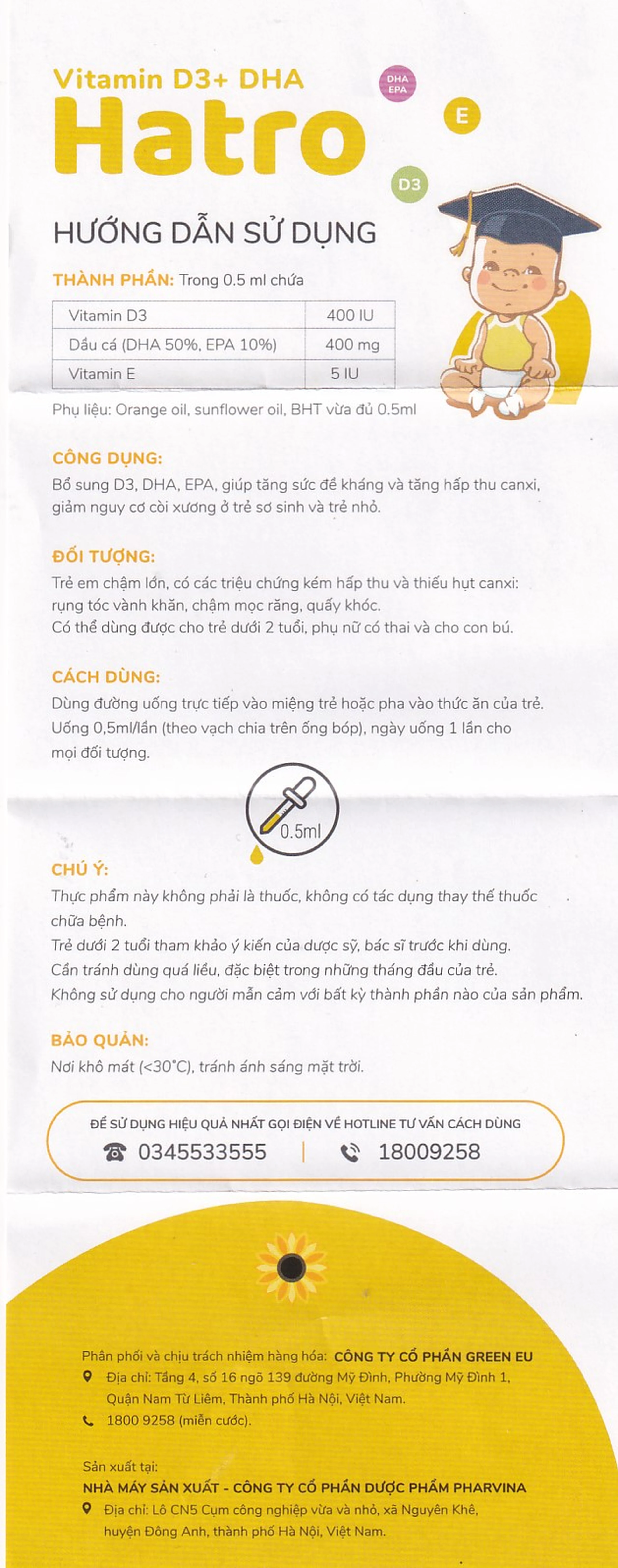 Dung dịch bổ sung Vitamin D3, DHA, EPA tăng đề kháng, giảm nguy cơ còi xương Vitamin D3+ DHA Hatro (20ml)