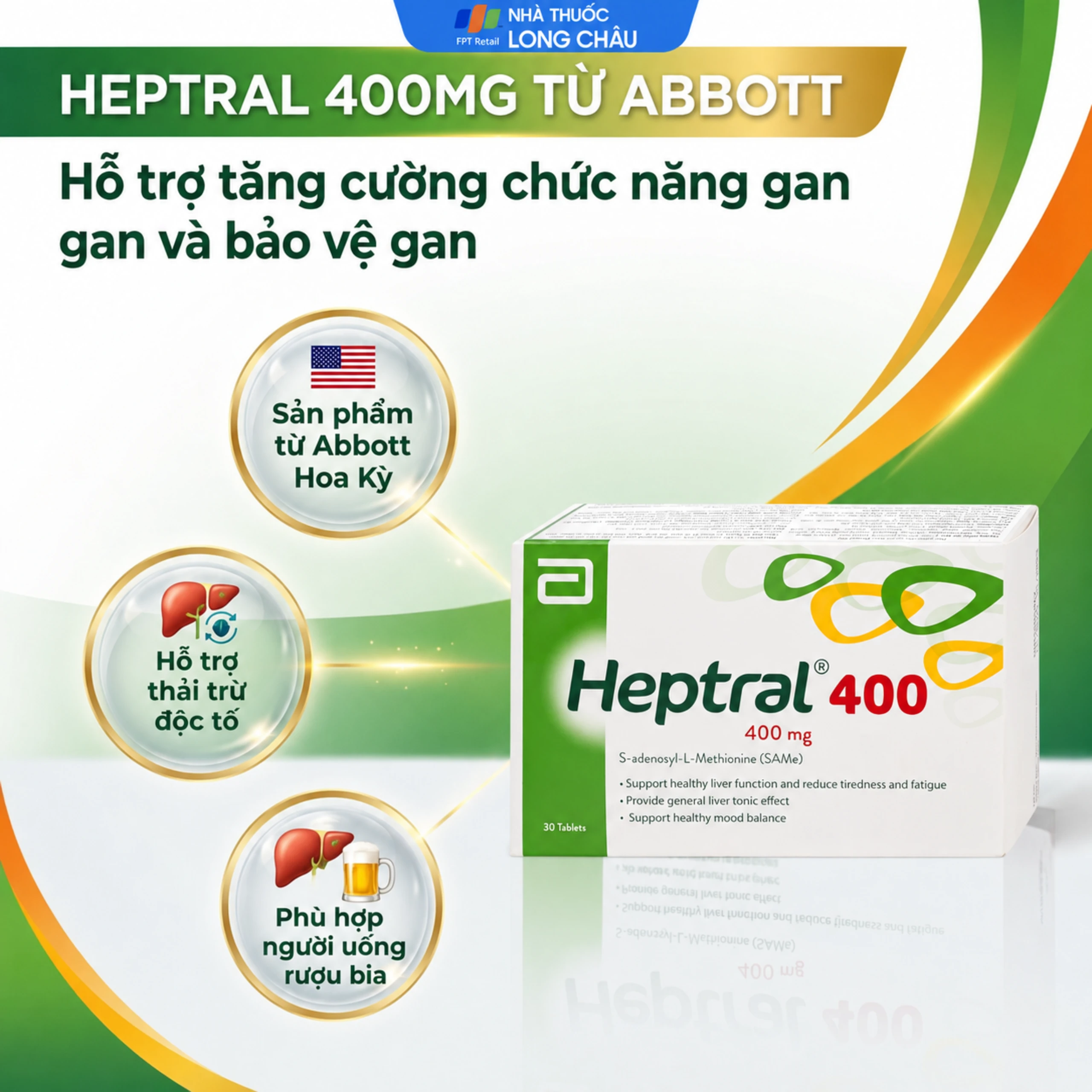 Heptral 400 Abbott hỗ trợ tăng cường chức năng gan, men gan tăng, sử dụng nhiều bia rượu (3 vỉ x 10 viên) 2