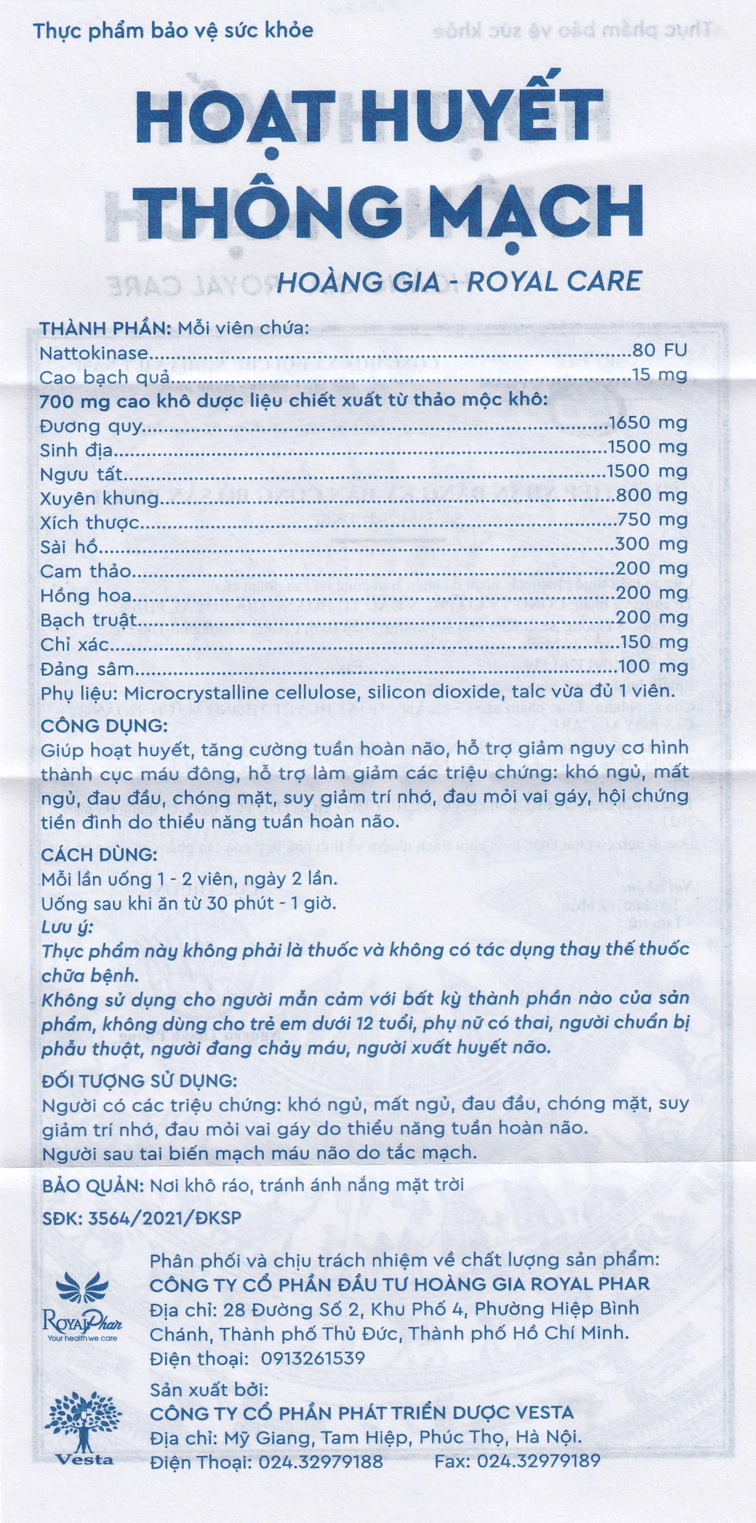 Viên uống giúp hoạt huyết, tăng cường tuần hoàn não Hoạt Huyết Thông Mạch Hoàng Gia Royal Care (3 vỉ x 10 viên)