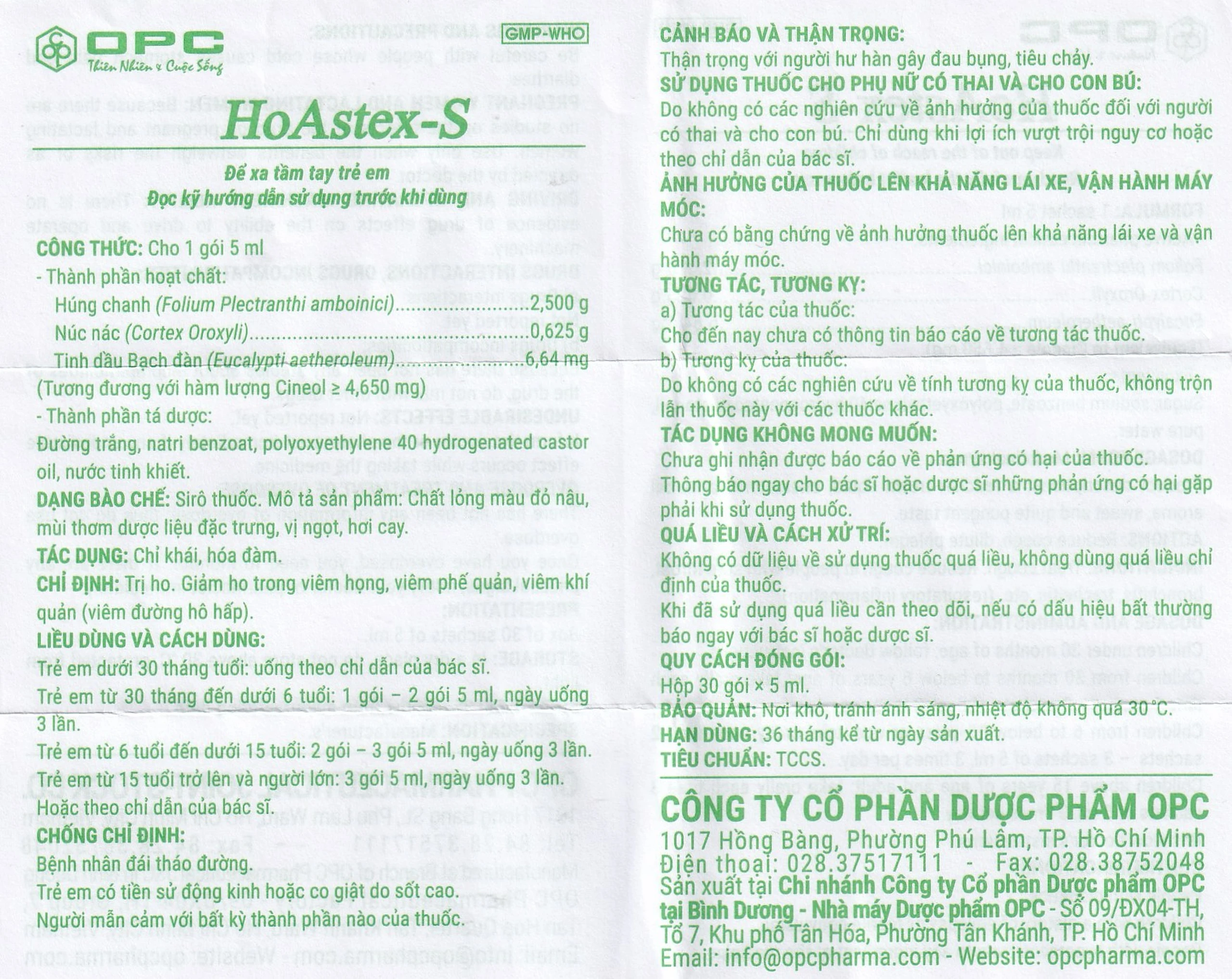 Siro HoAstex-S OPC điều trị ho, giảm ho trong viêm họng, viêm phế quản (30 gói x 5ml)