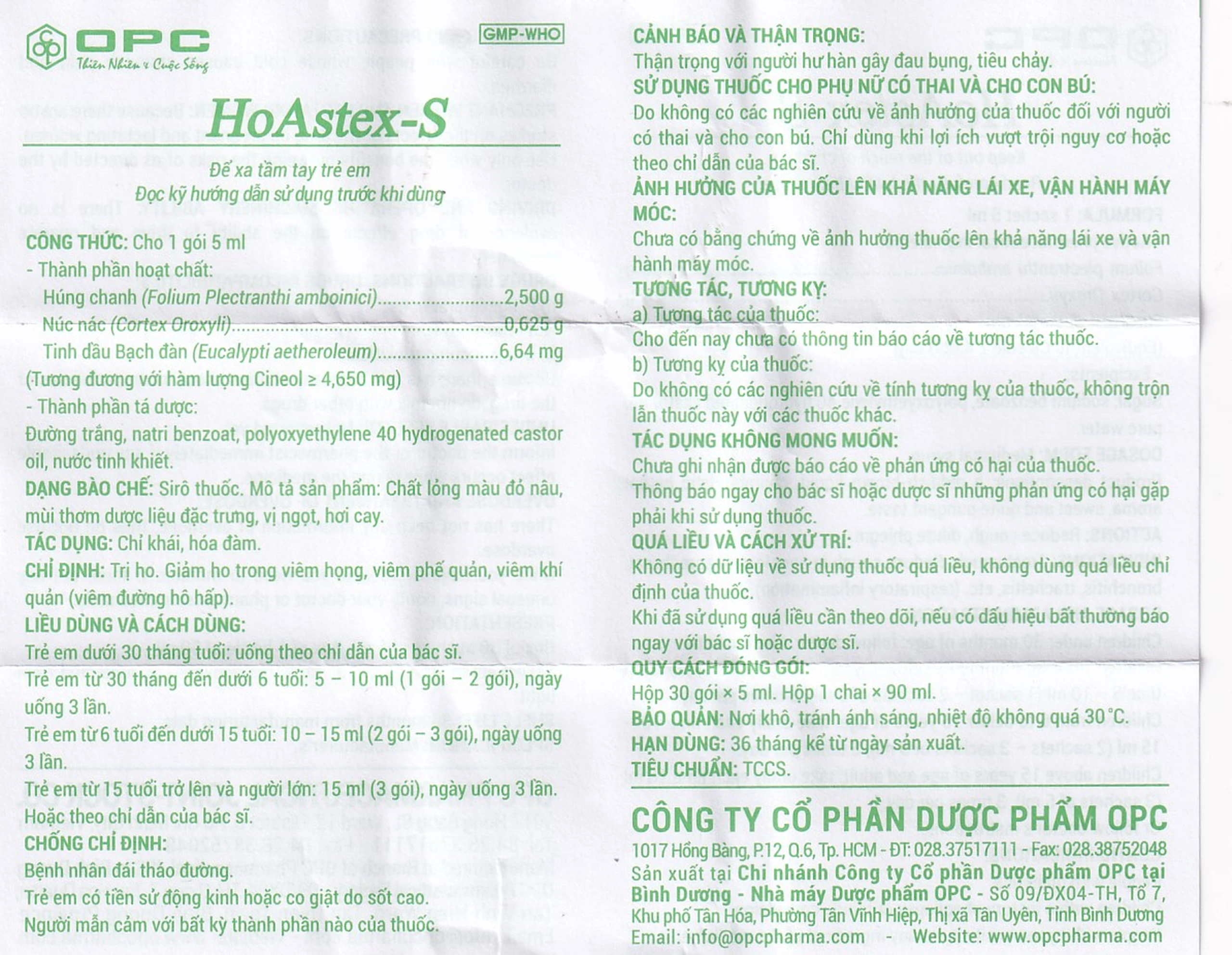 Siro HoAstex-S 90ml OPC dùng trị ho, giảm ho trong viêm họng, viêm phế quản