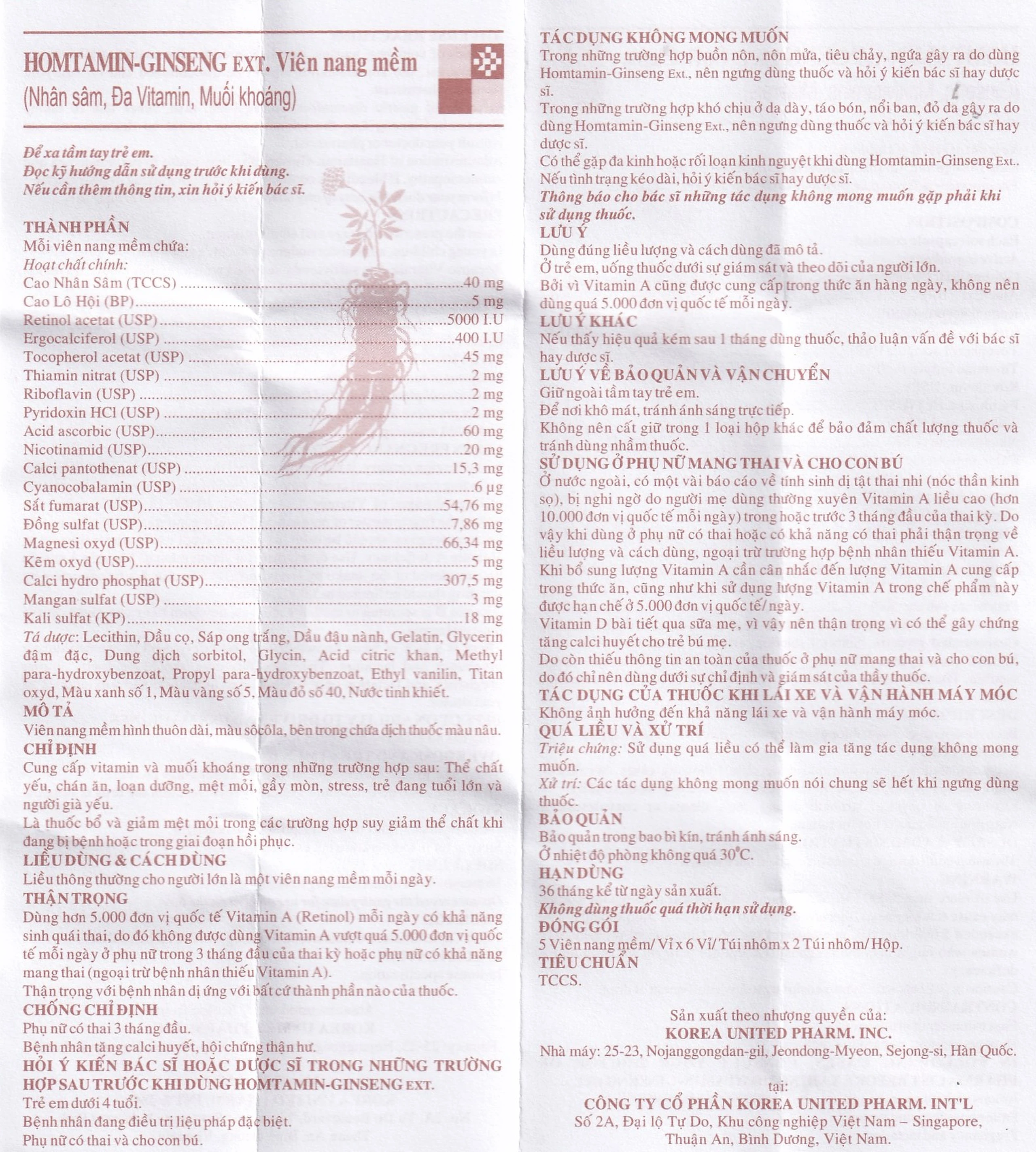 Thuốc Homtamin Ginseng Korea United cung cấp vitamin và muối khoáng (12 vỉ x 5 viên)