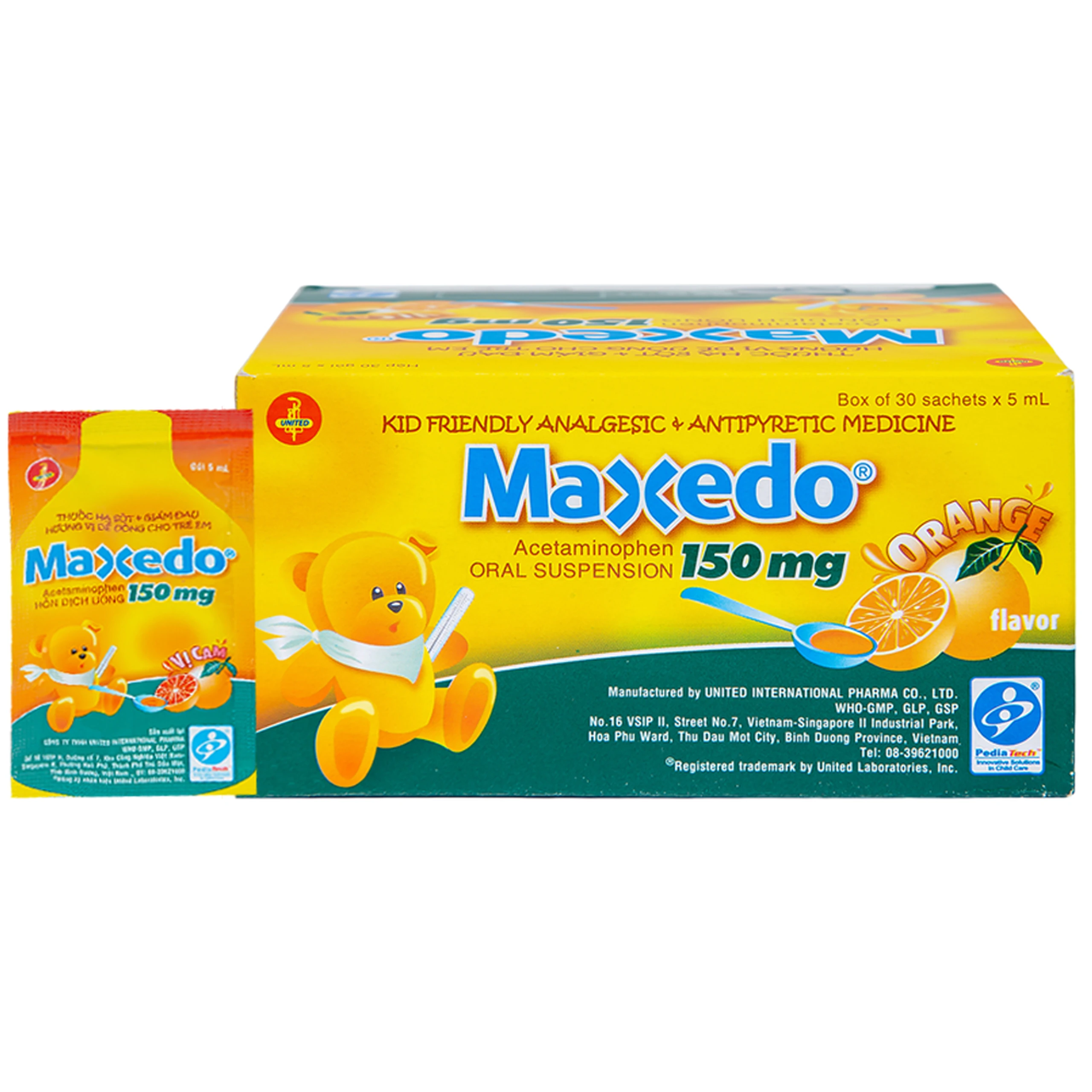 Hỗn dịch uống Maxedo 150mg United hạ sốt, giảm đau nhức do cảm cúm, viêm amidan (30 gói x 5ml) 1