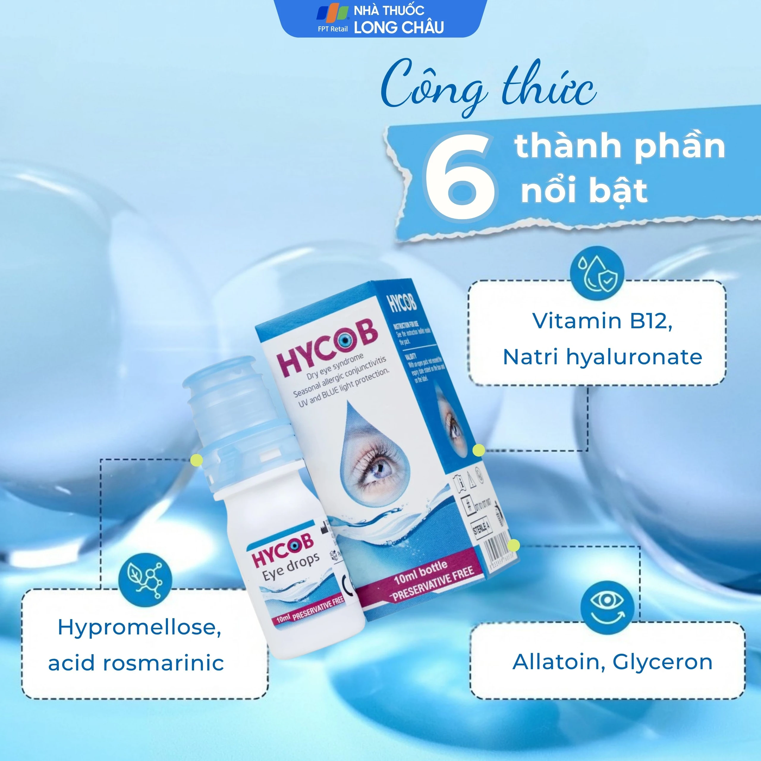 Nhỏ mắt Hycob 10ml giúp bôi trơn, tạo độ ẩm, giảm khô và mỏi mắt